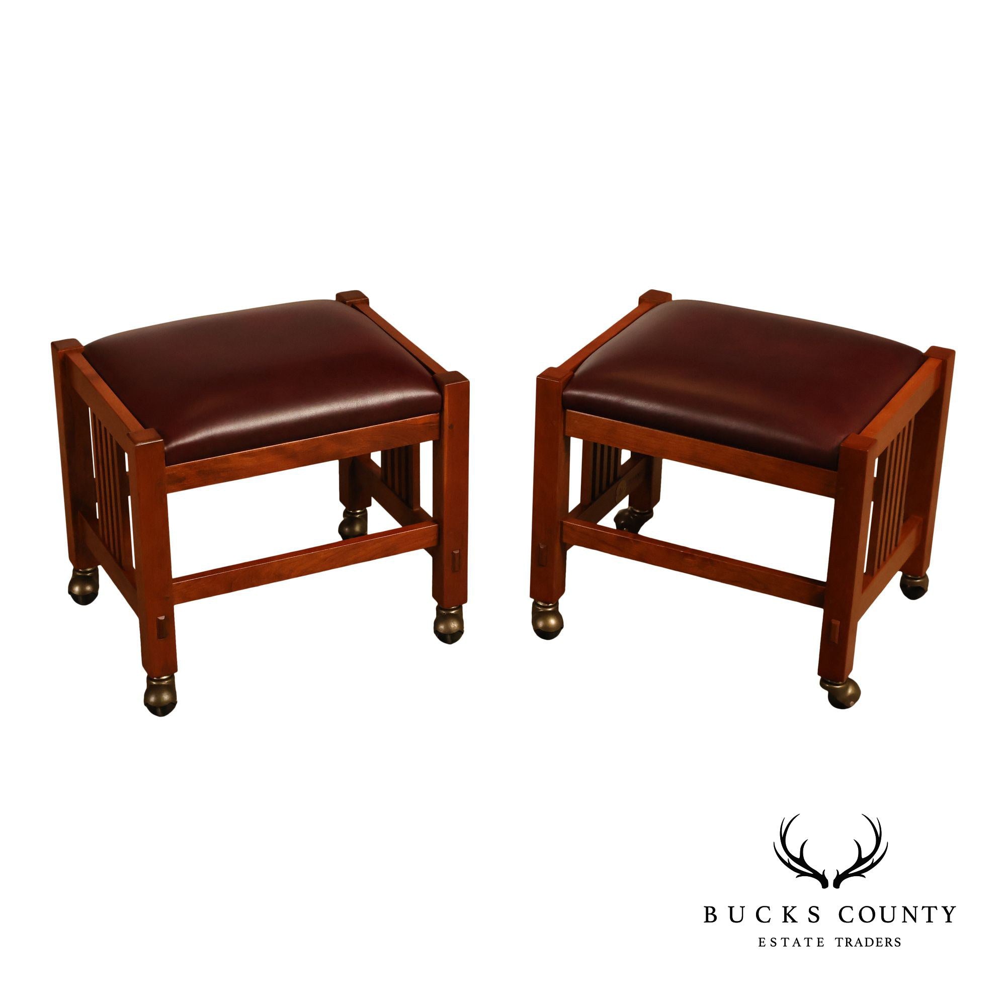 Stickley Mission Collection Pair Of Cherry And Leather Footstools