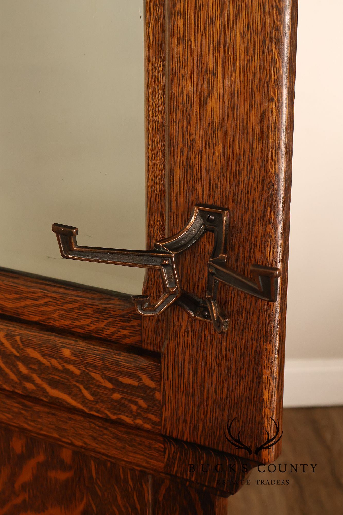 Antique Arts And Crafts Oak Mirrored Hall Seat