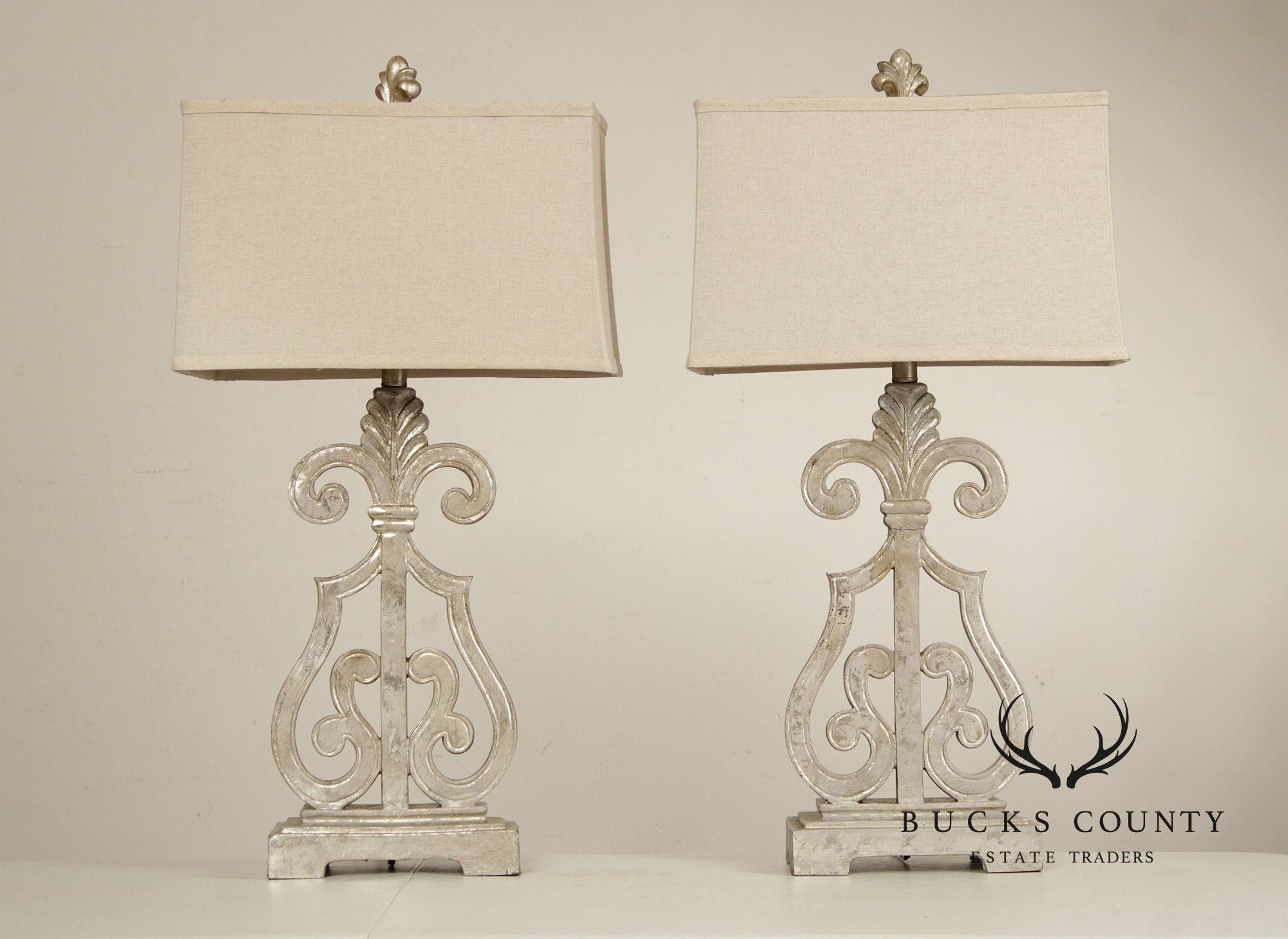 Traditional Pair of Silver Painted Table Lamps