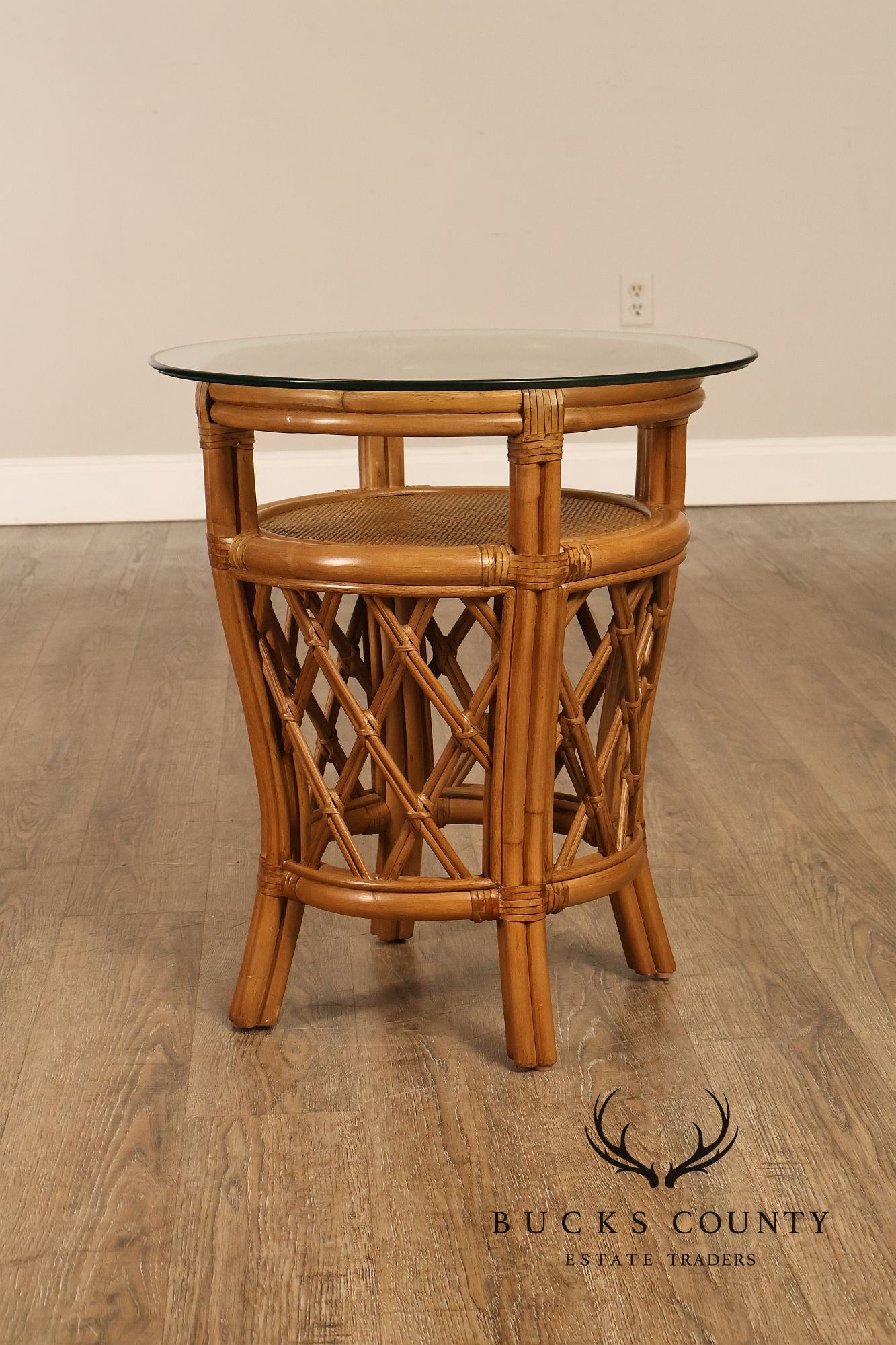 Boho Chic Pair of Round Glass Top Bamboo End Tables