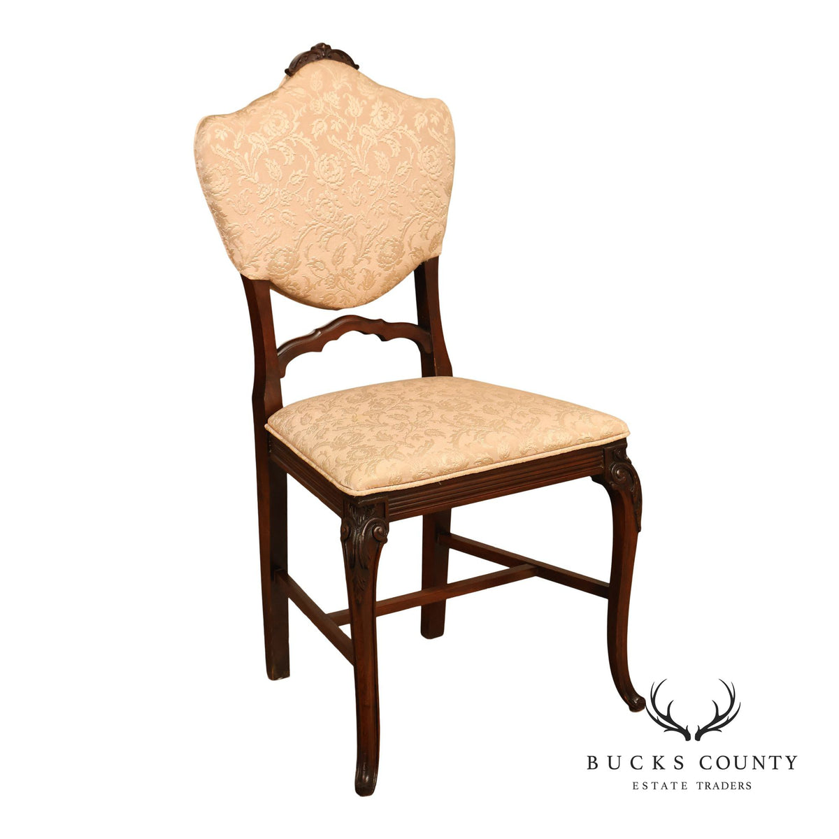 Traditional Mahogany Carved Side Chair With Floral Damask Upholstery