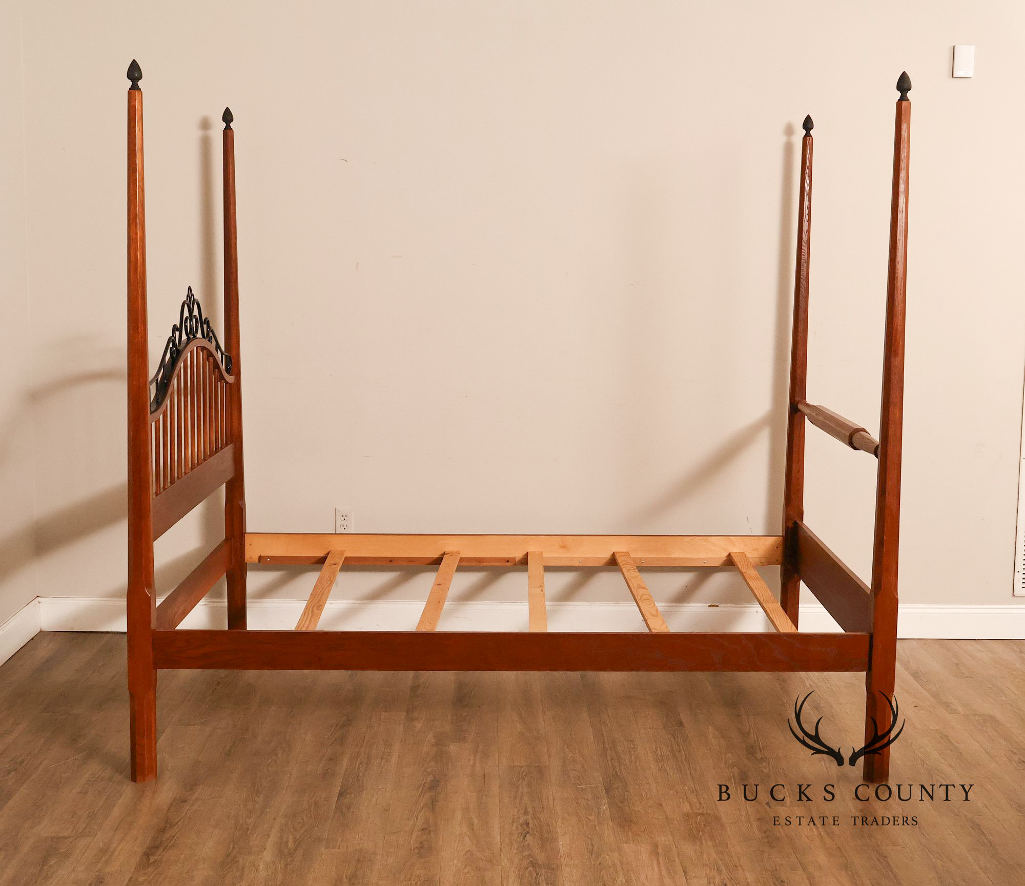 Keller Traditional Solid Oak And Scrolled Iron Queen Poster Bed