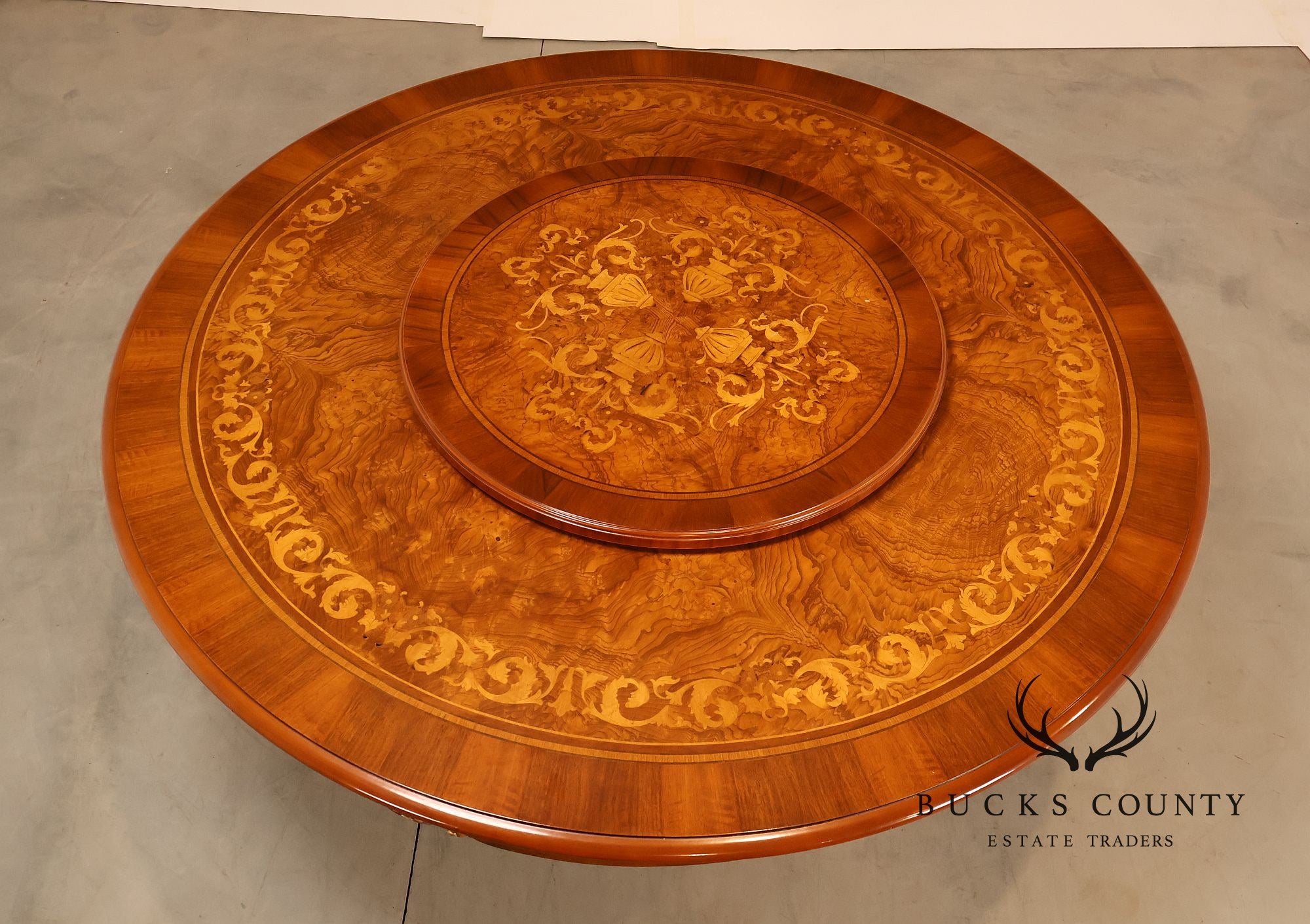 Italian 72" Round Inlaid Burl Wood Dining Table With Lazy Susan