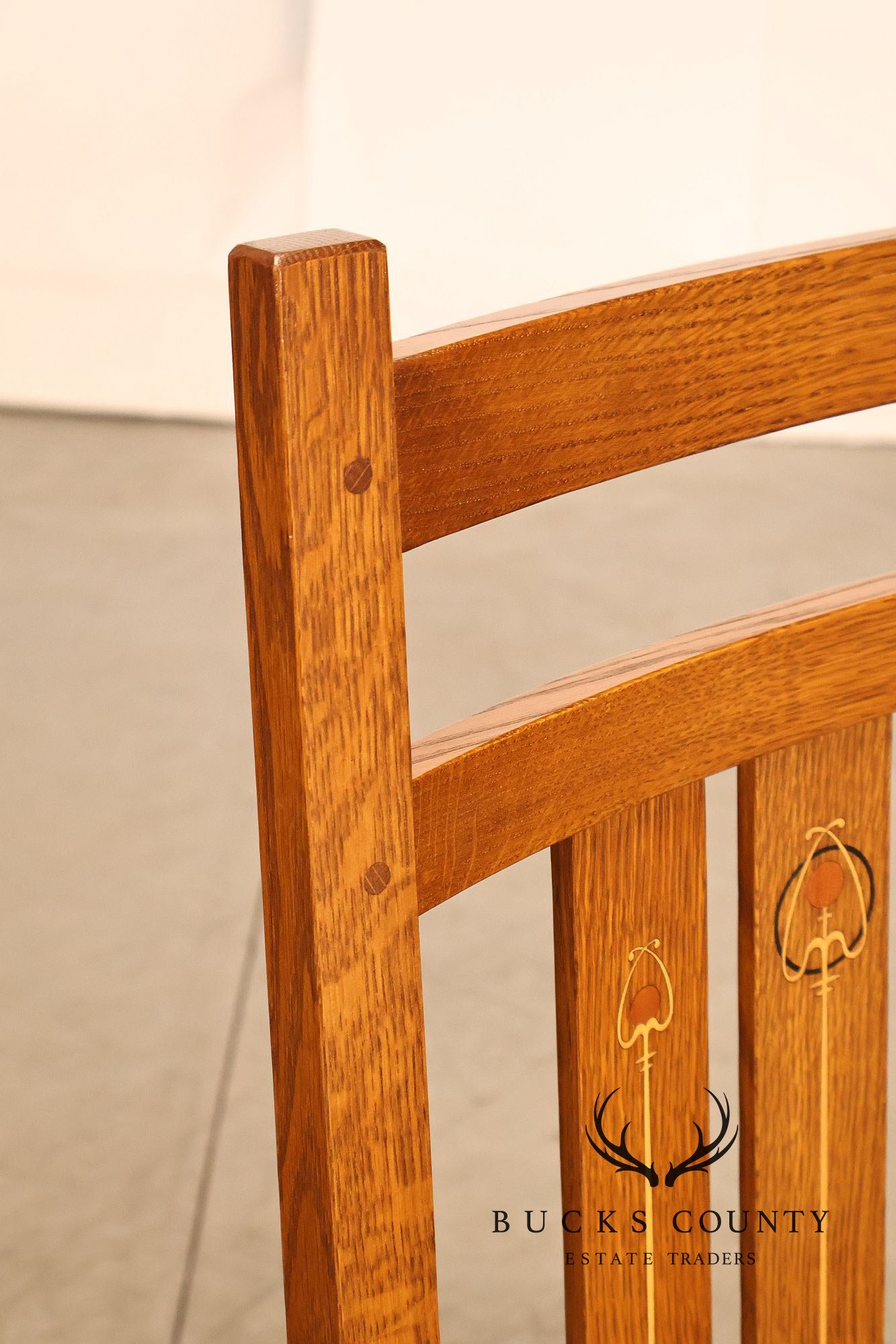 Stickley Harvey Ellis Set of Four Inlaid Oak and Leather Dining Chairs