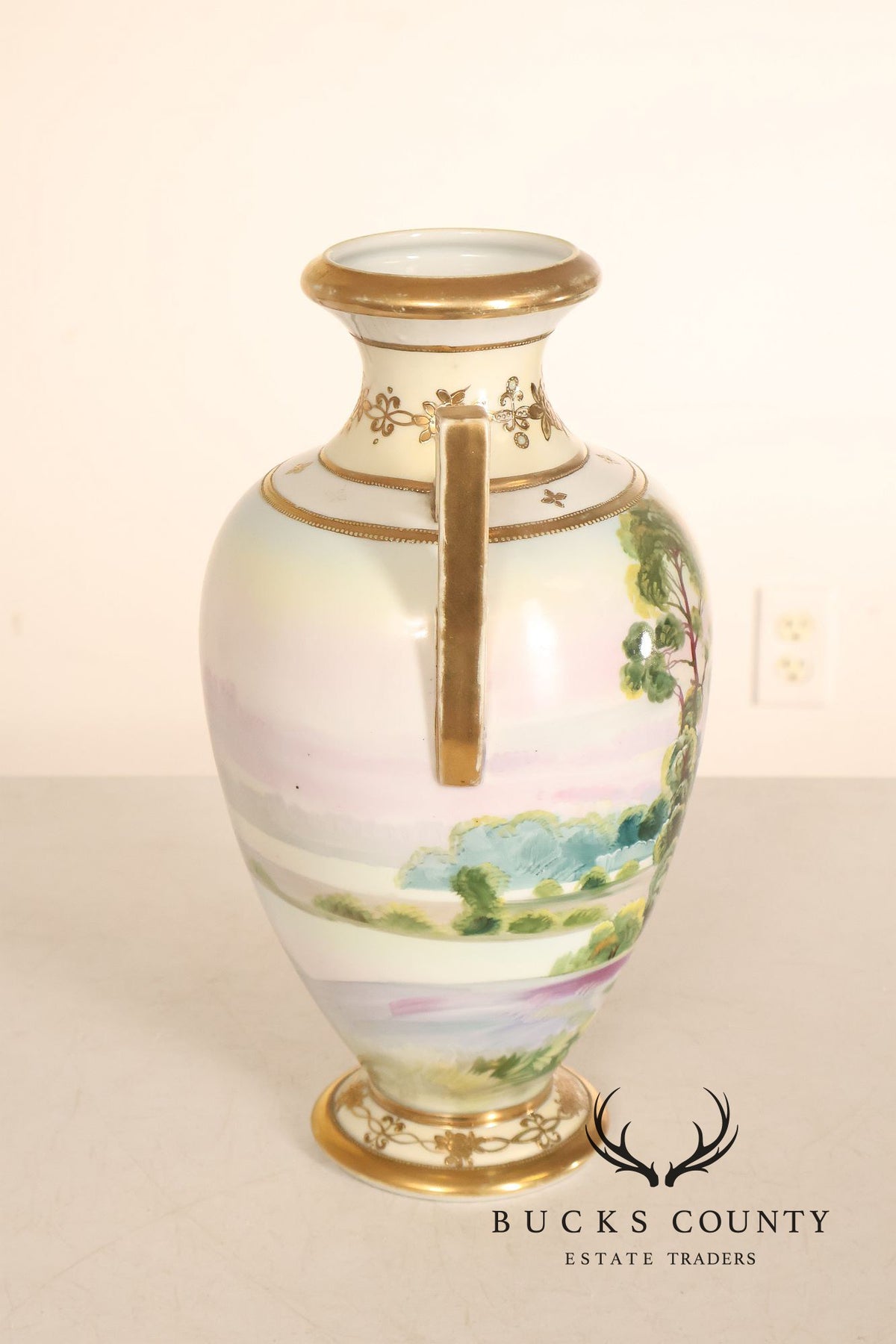 Antique Hand Painted Nippon Porcelain Twin Handle Landscape Urn With Gilt Decoration