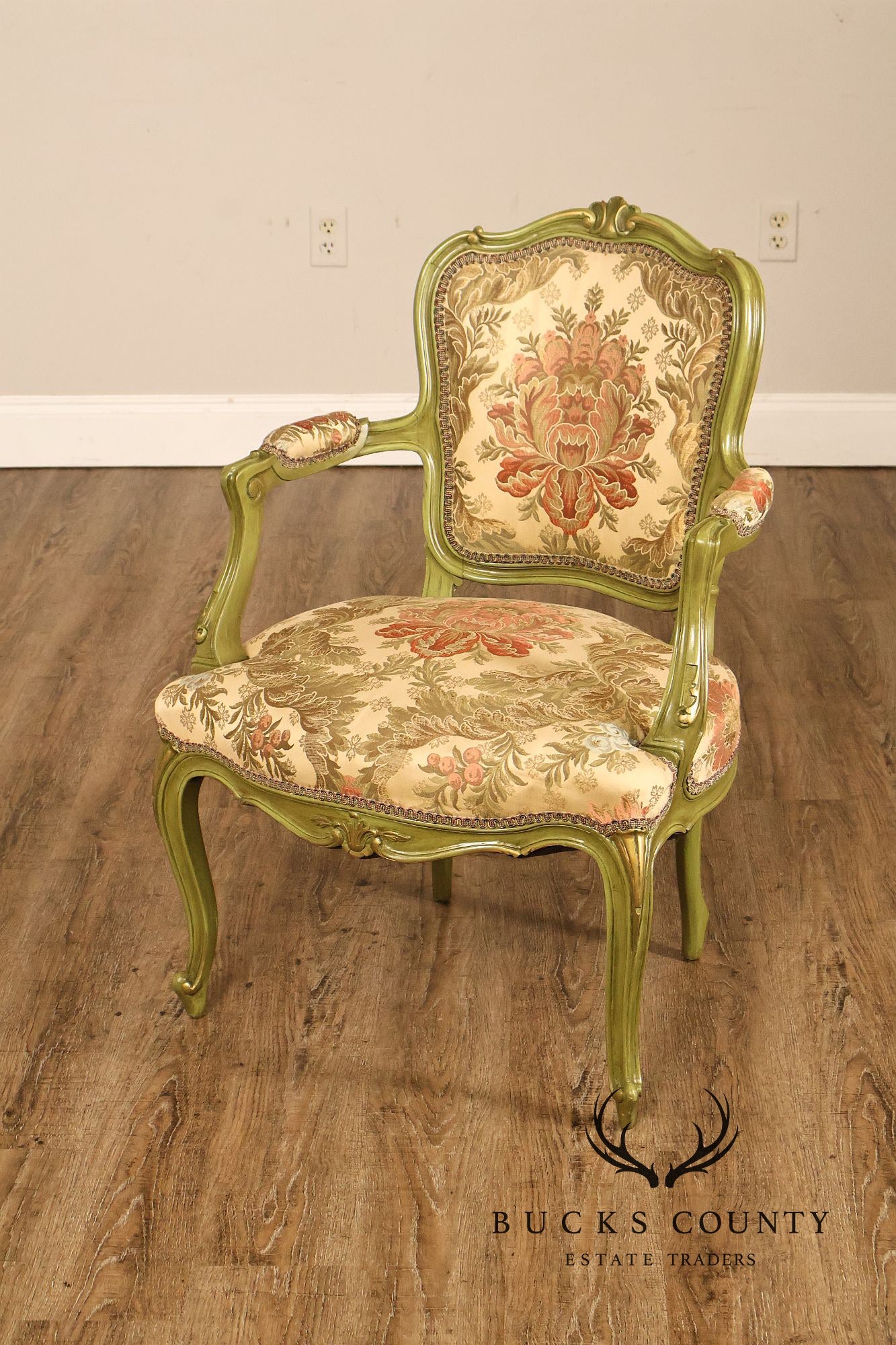 Vintage Louis XV Style Green Painted Floral Upholstered Armchair