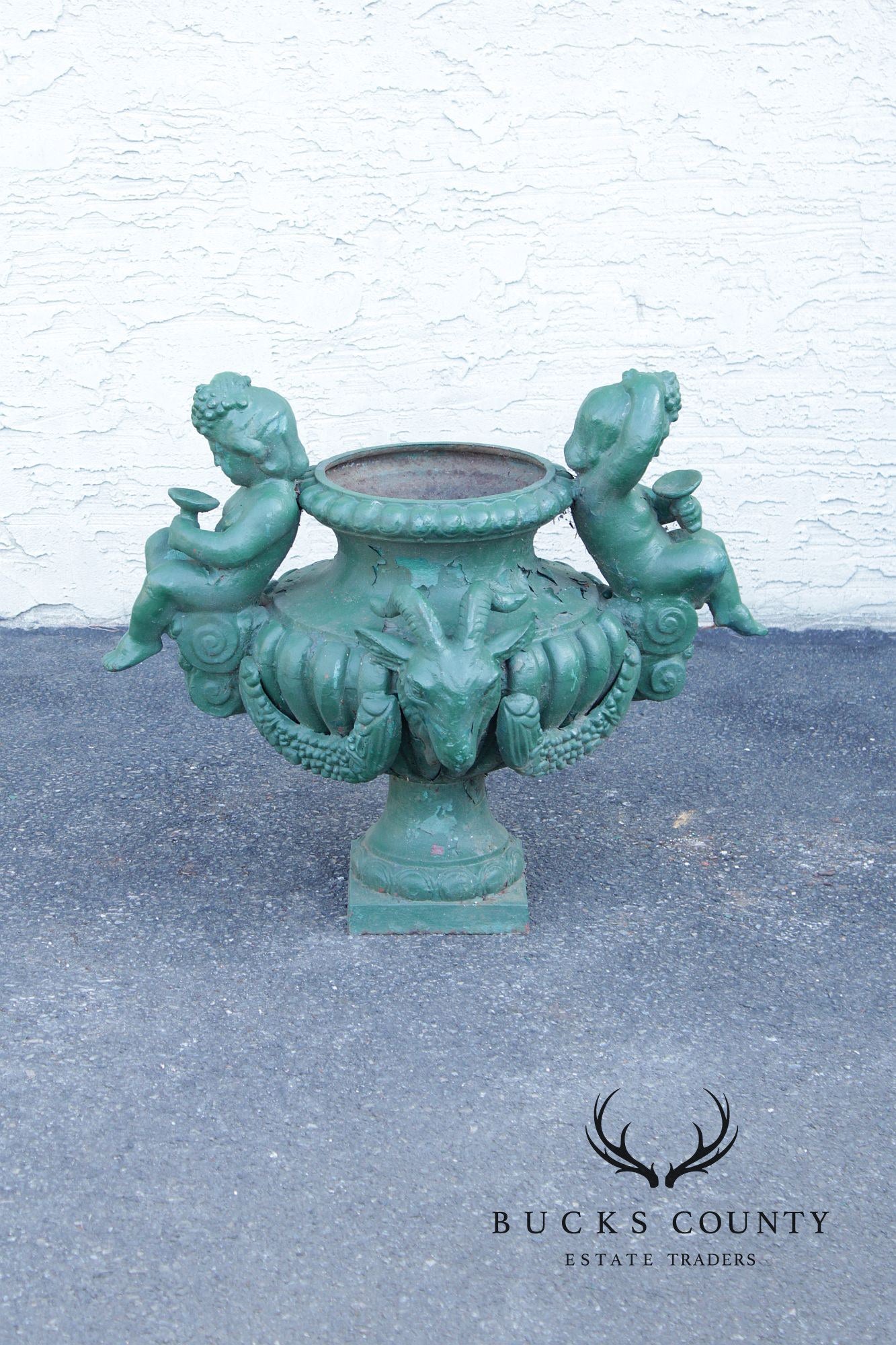 Antique Cast Iron Pair Of Cherub Garden Urn Planters