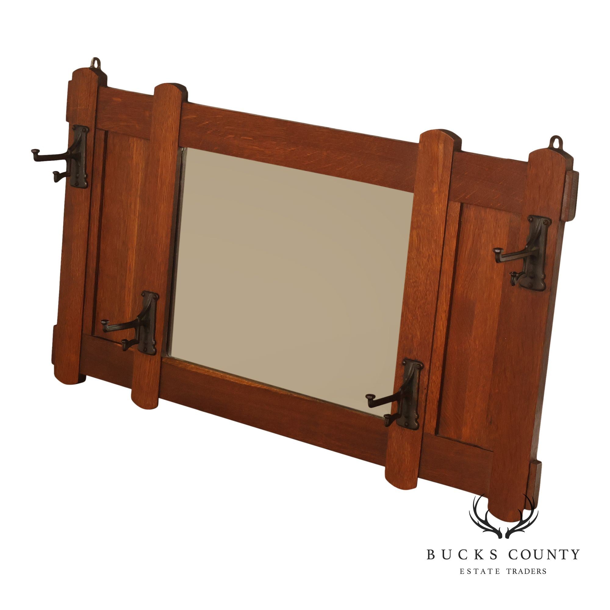 Antique Arts And Crafts Mission Oak Hall Mirror With Coat Hooks