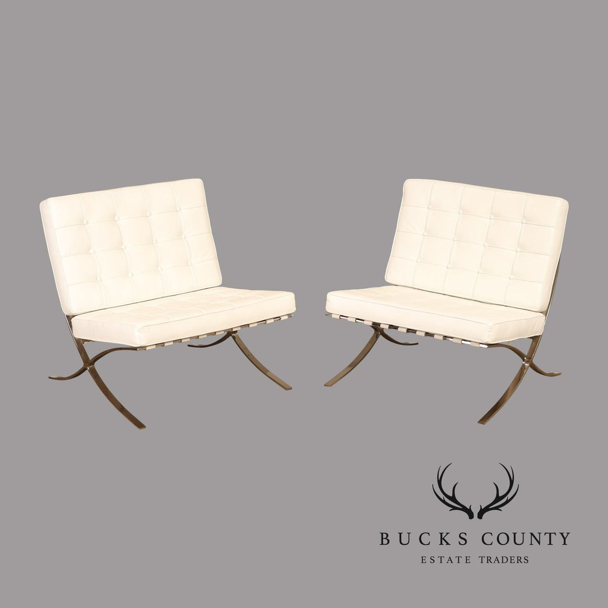 Mid Century Modern Pair of White Barcelona Chairs