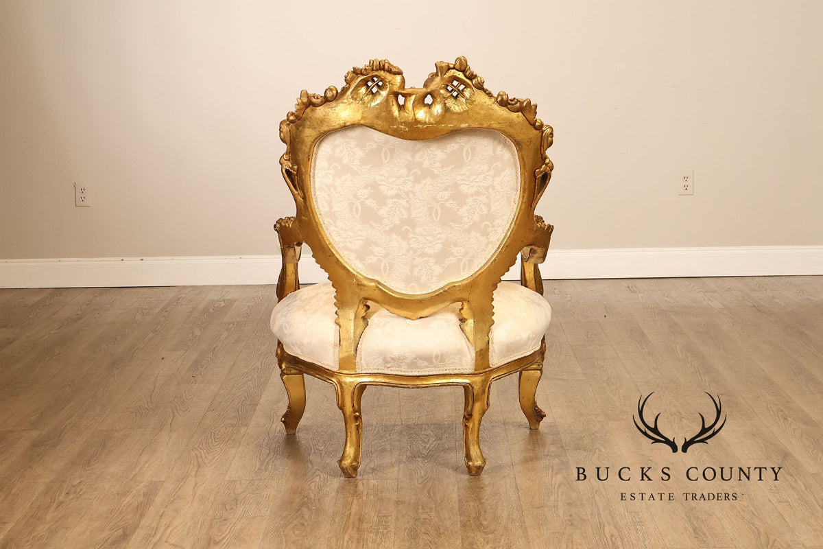 Italian Rococo Style Pair Of Carved Giltwood Upholstered Armchairs