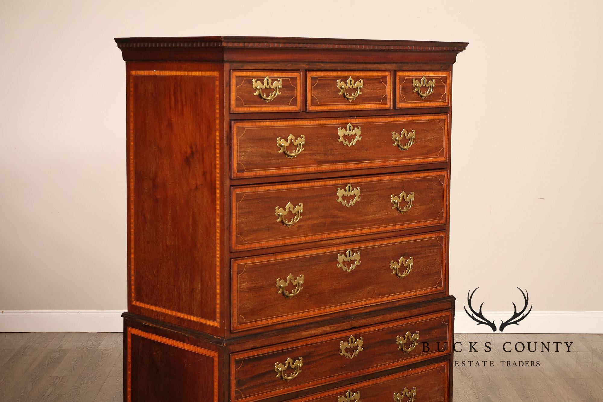 Antique Georgian Style Inlaid Mahogany Chest On Chest