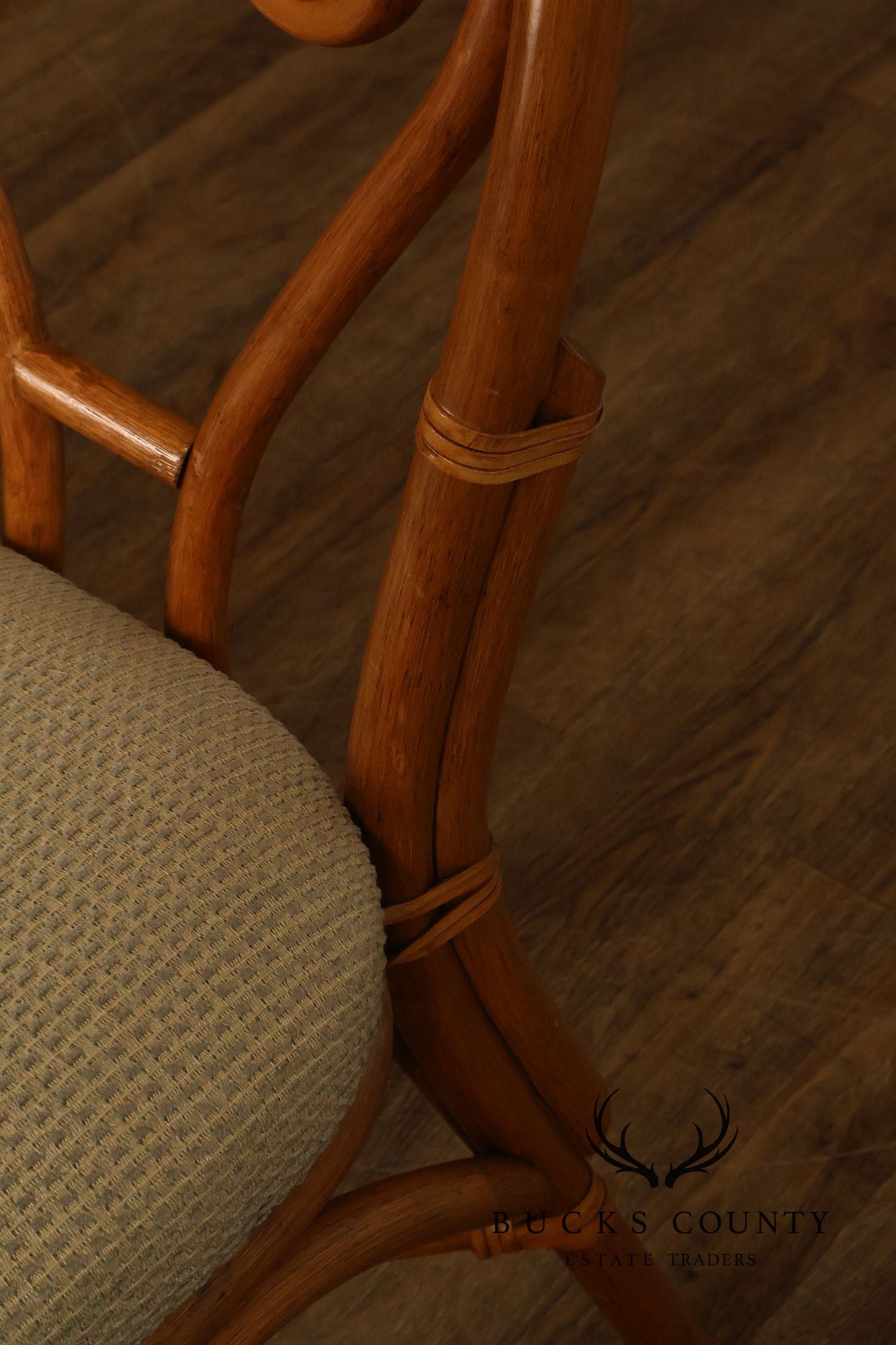 Coastal Style Pair Of Rattan Dining Chairs With Upholstered Seats