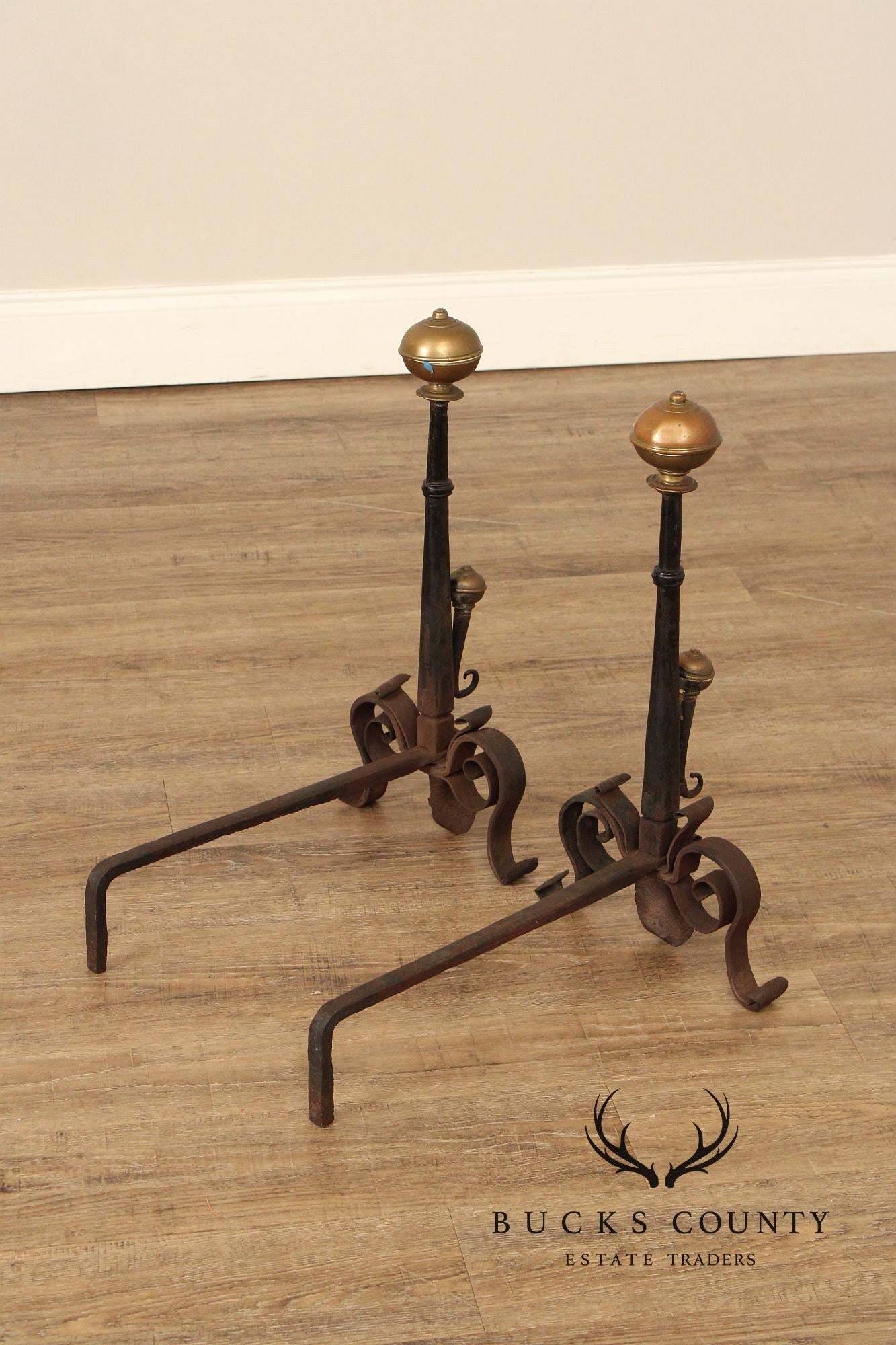 Antique Pair of Forged Iron and Brass Fireplace Andirons