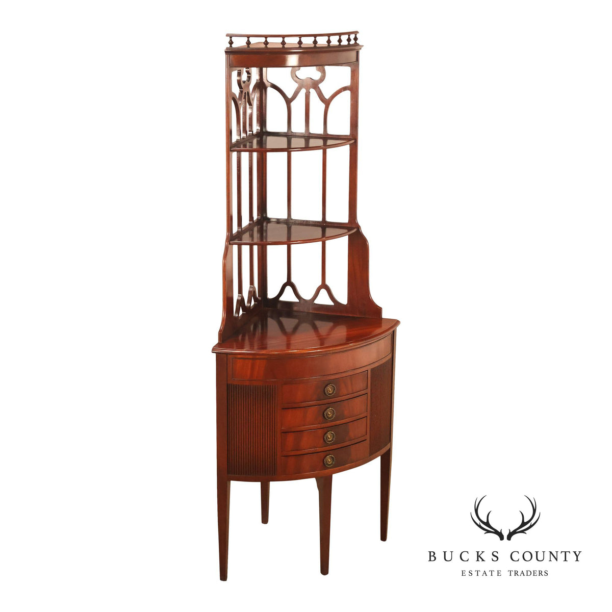 1940's Vintage Regency Style Mahogany Bow Front Corner Etagere With Four Drawers