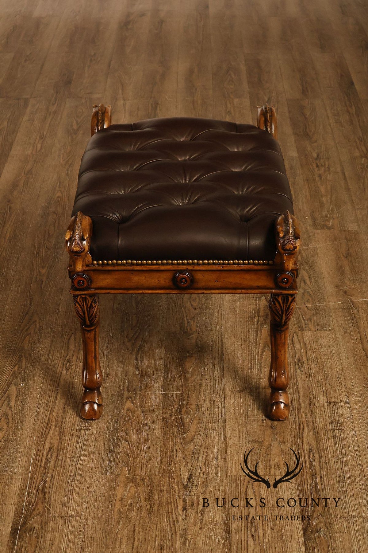 Theodore Alexander Regency Style Carved Horse Head Leather Bench