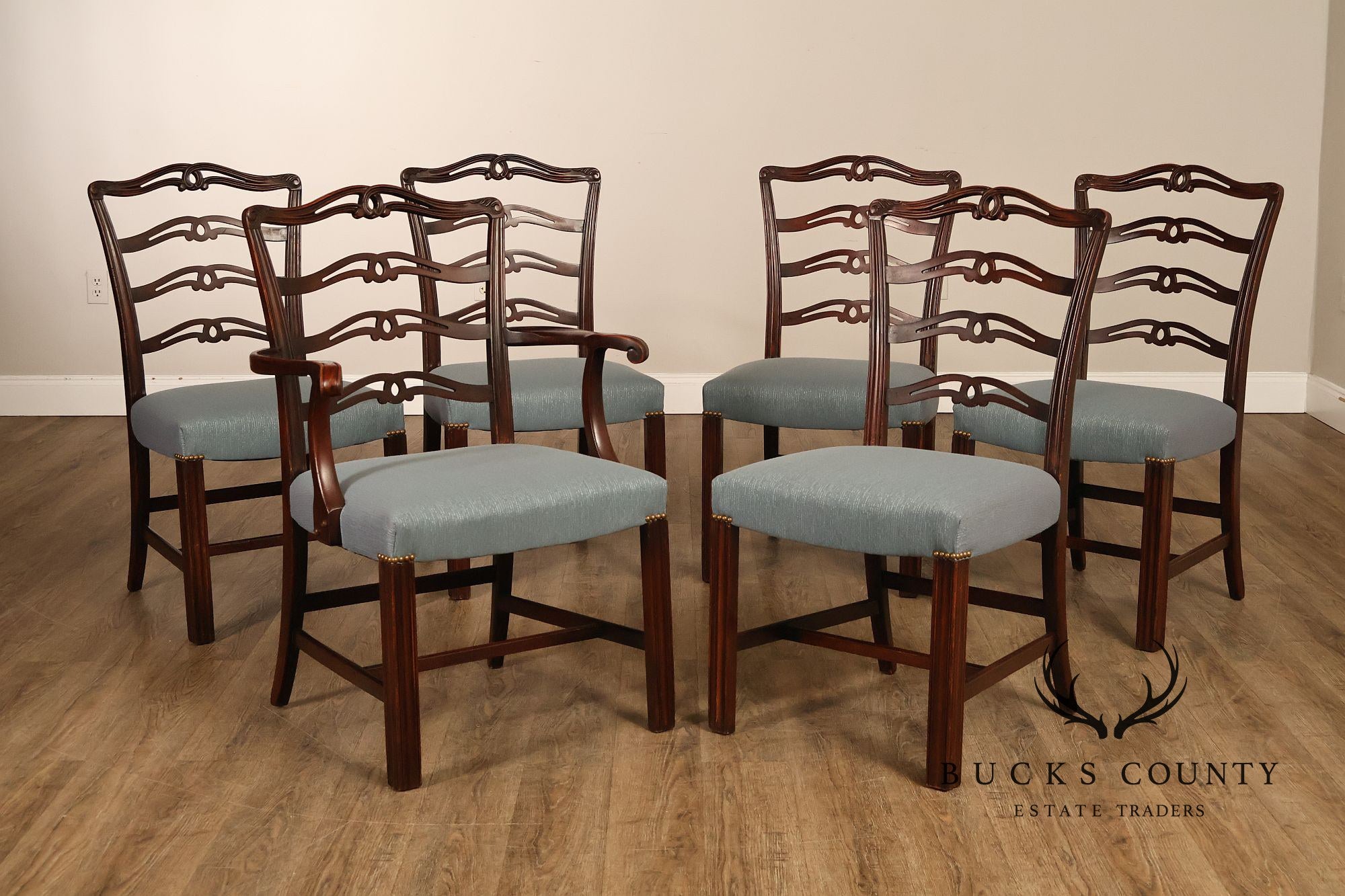 1940's Chippendale Style Set Of Six Mahogany Ladder Back Dining Chairs