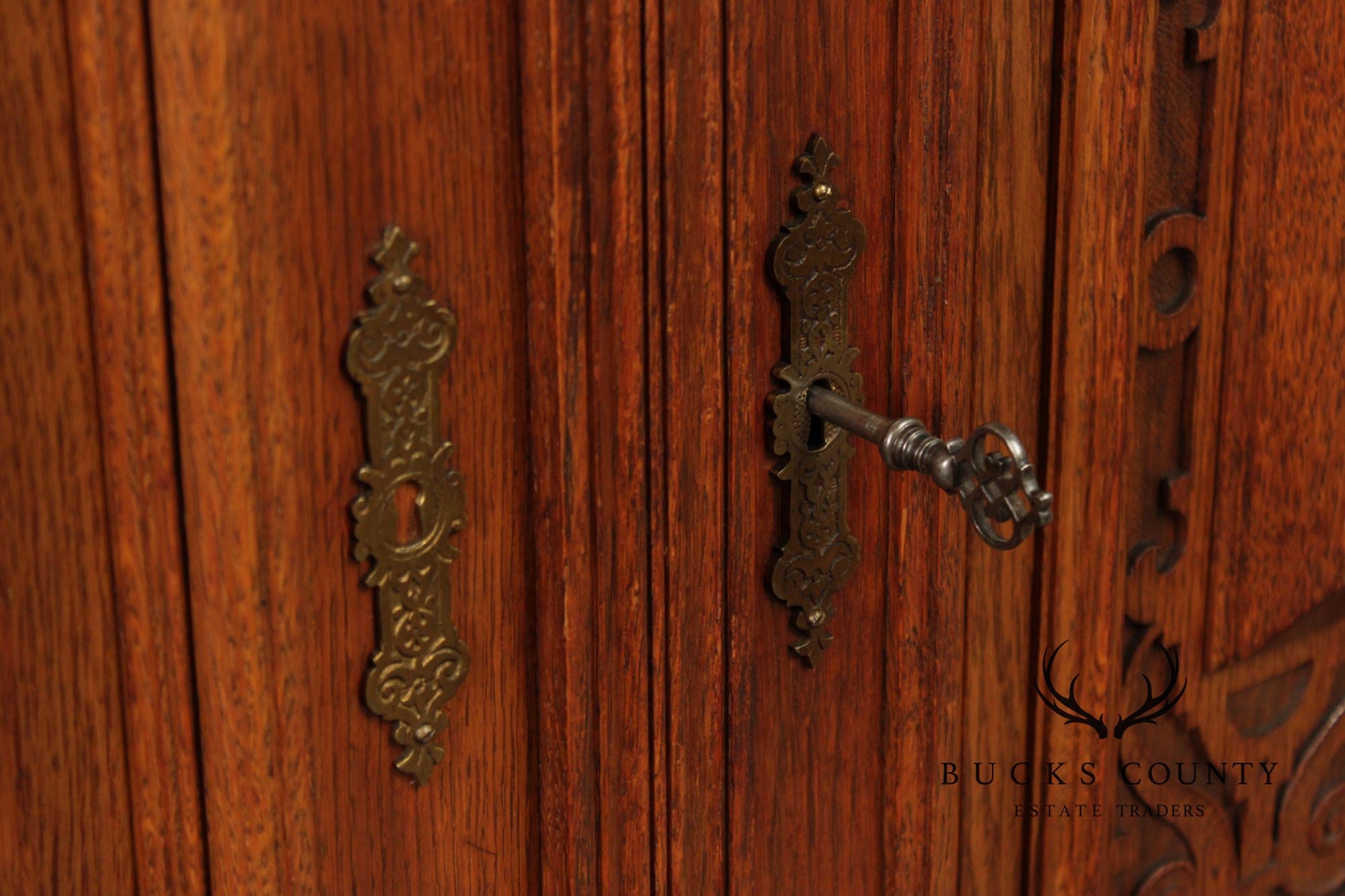 Antique German Renaissance Revival Carved Oak Marble Top Cabinet