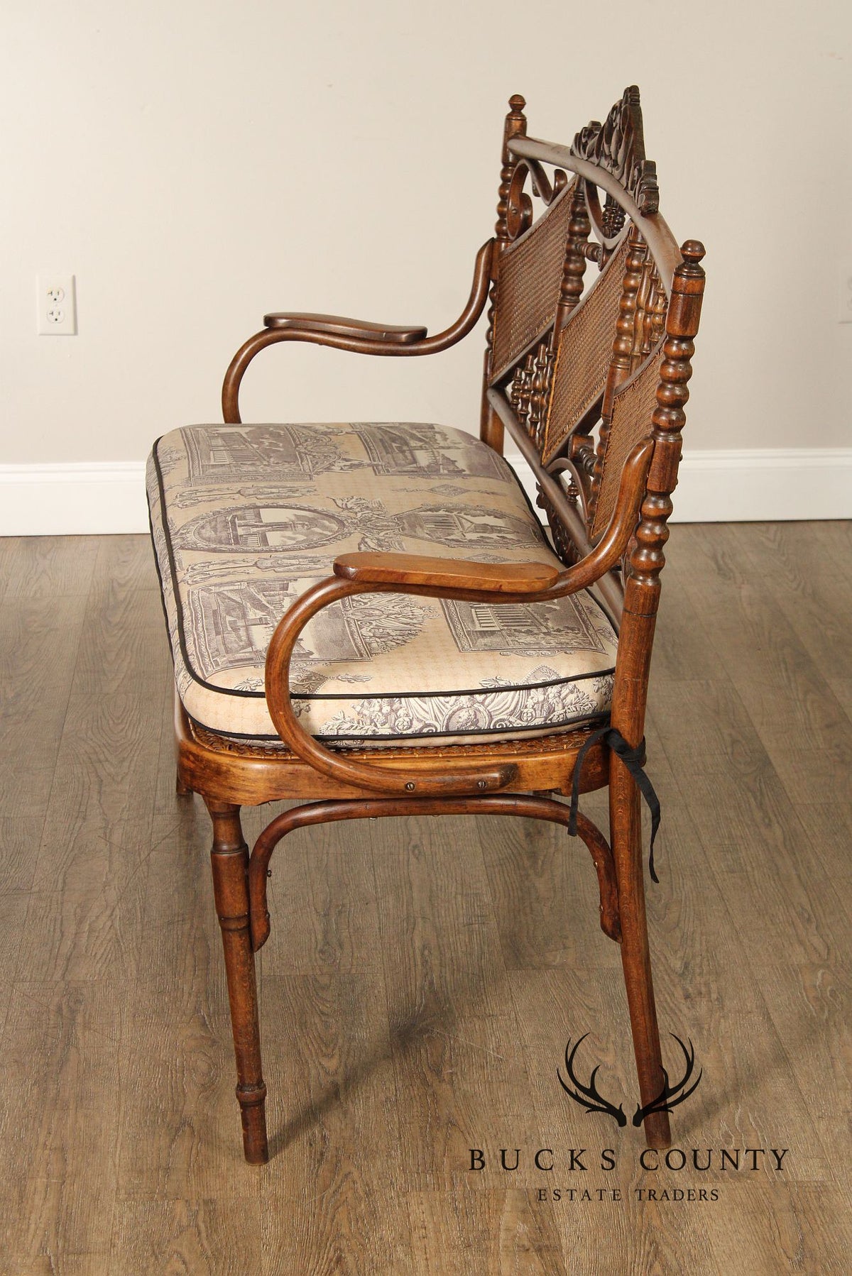 Vintage Thonet Style Bentwood And Caned Settee With Upholstered Cushion