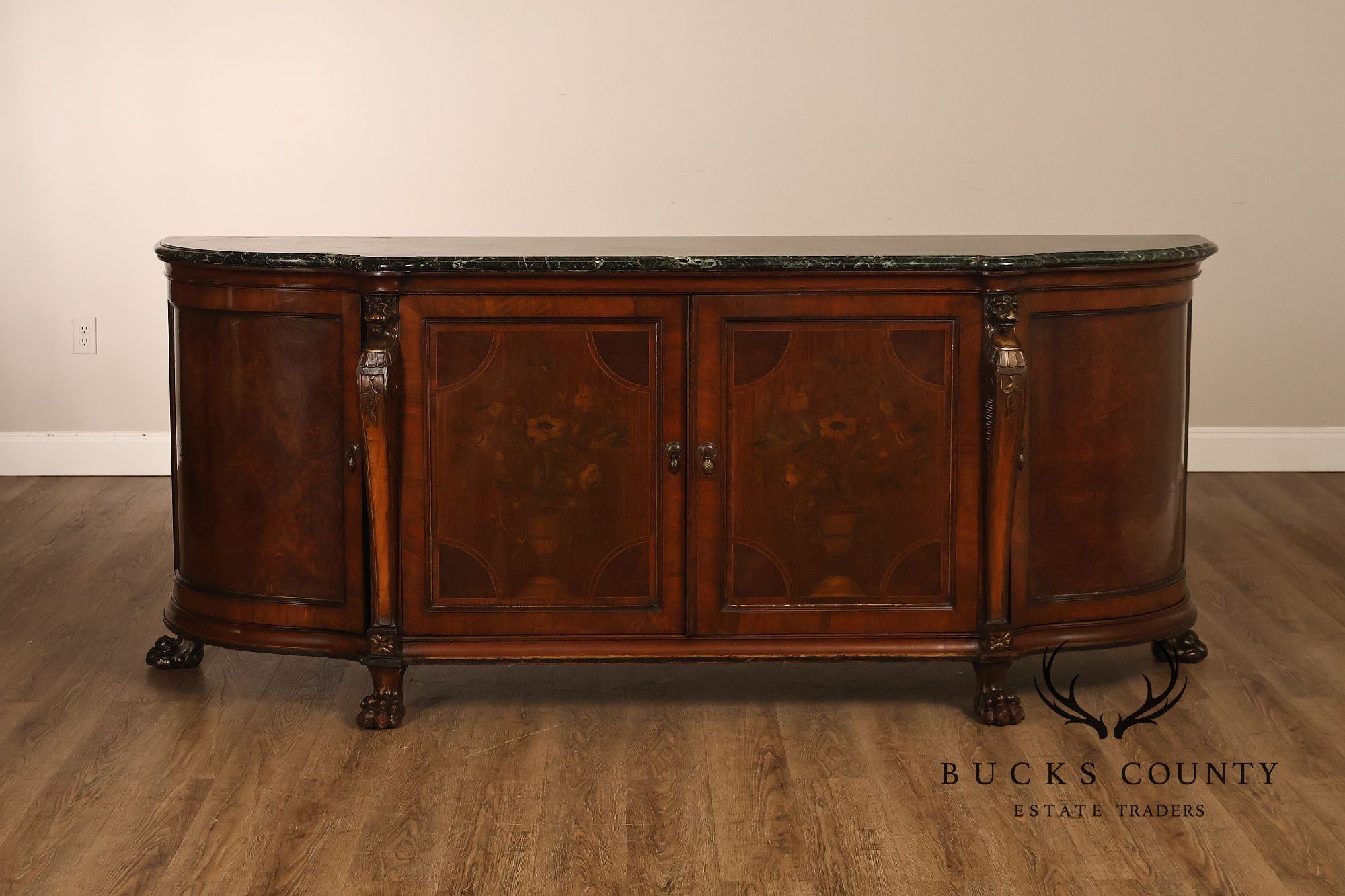 Antique Marble Top Mahogany Inlaid Figural Carved Buffet Sideboard