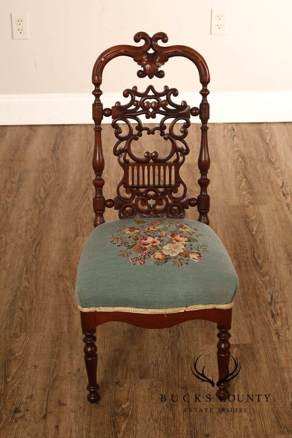Antique Victorian Carved Mahogany Needlepoint Side Chair