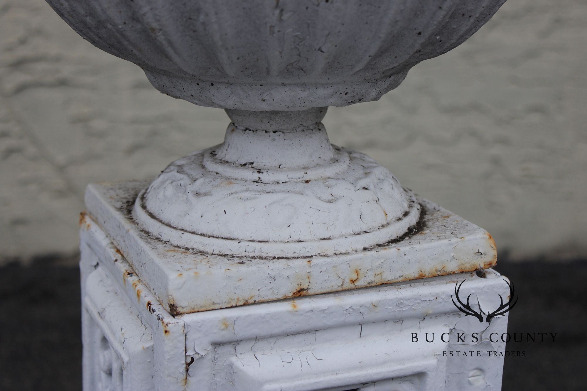 Vintage Pair of Painted Cast Iron Garden Urns on Stands