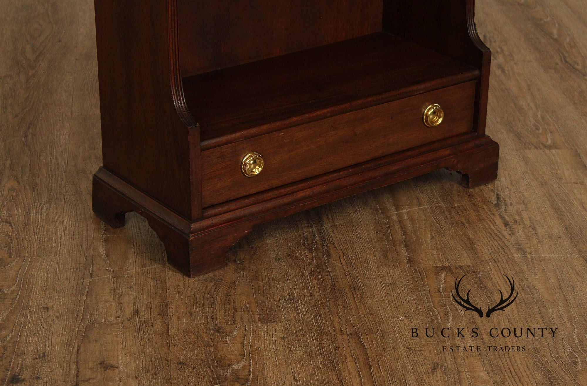 Vintage Georgian Style Narrow Mahogany Waterfall Open Bookcase With Drawer