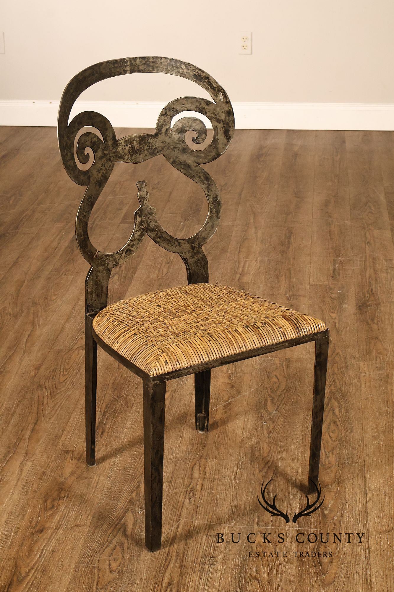 Biedermeier Style Pair Of Forged Iron And Woven Rattan Side Chairs