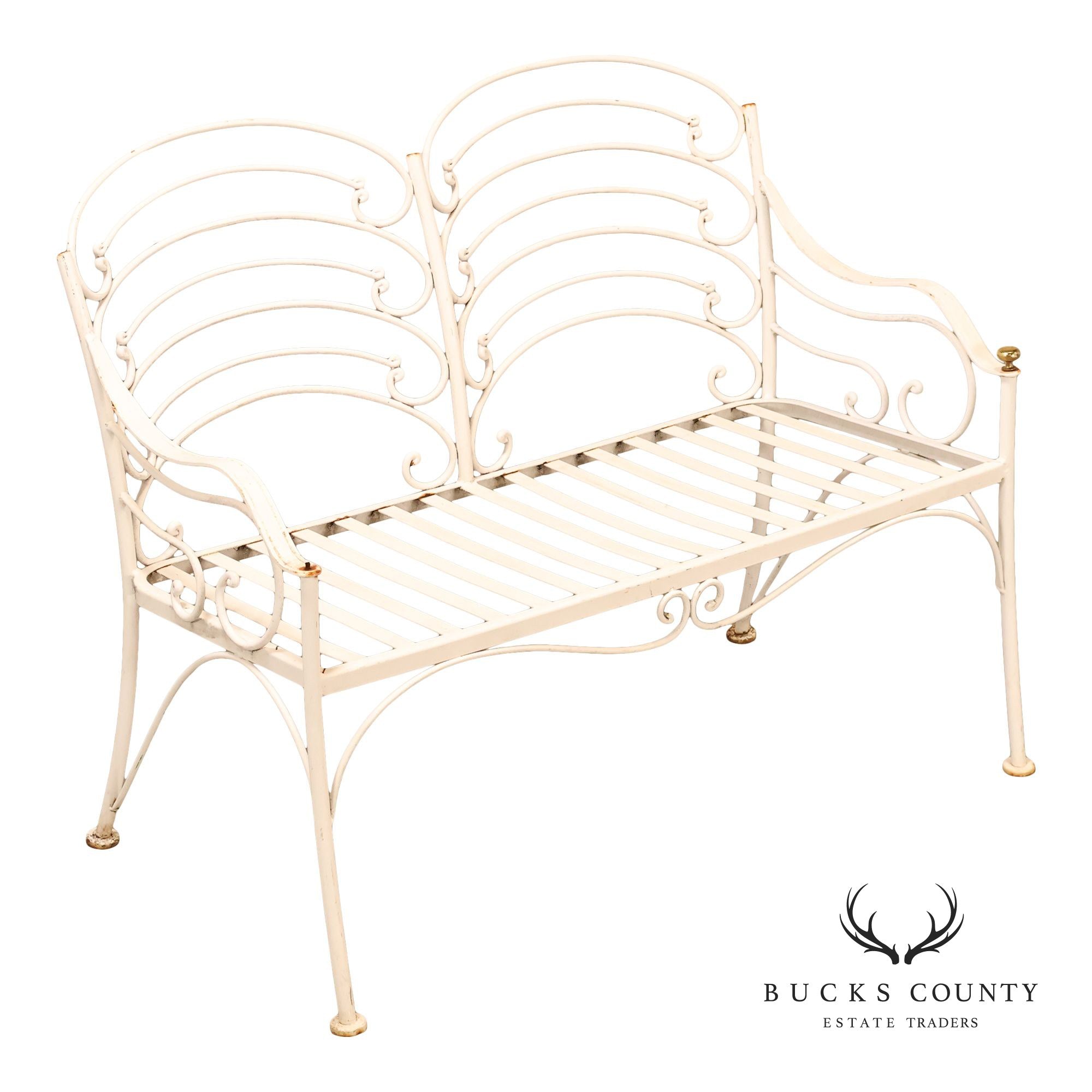 Woodard Vintage White Painted Wrought Iron Garden Bench With Scrollwork Back