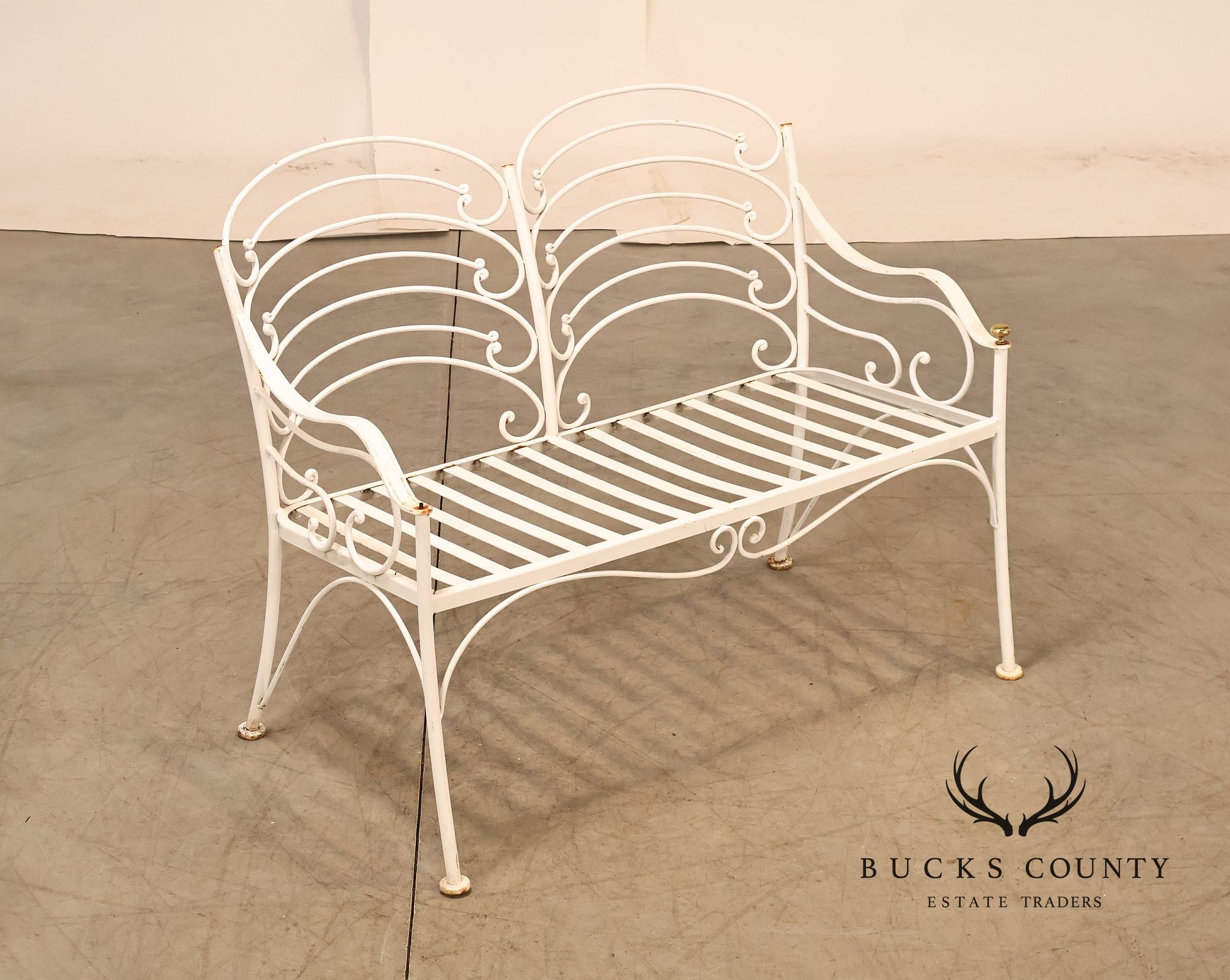 Woodard Vintage White Painted Wrought Iron Garden Bench With Scrollwork Back