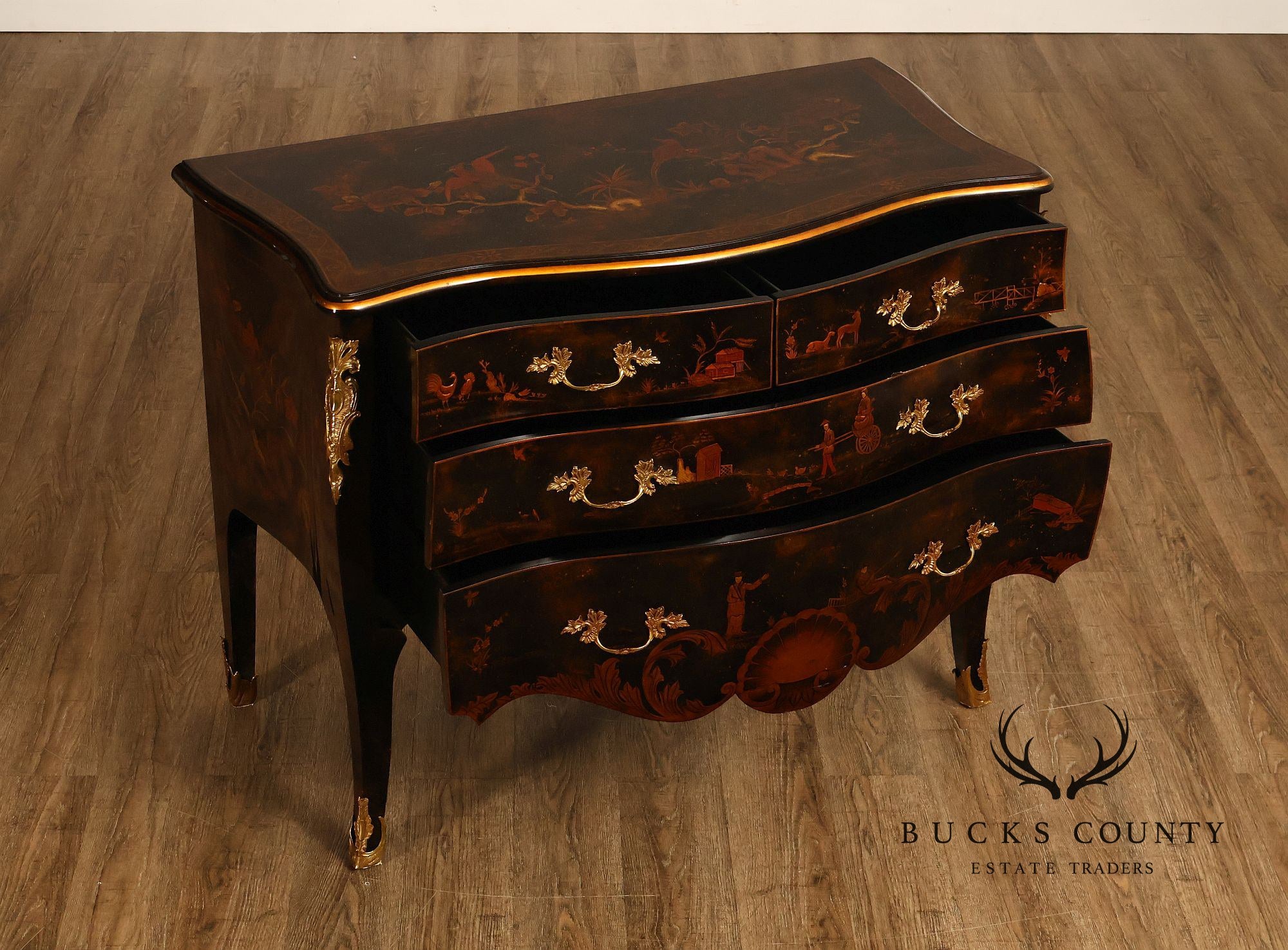Maitland Smith Chinoiserie Hand Painted Bombe Chest