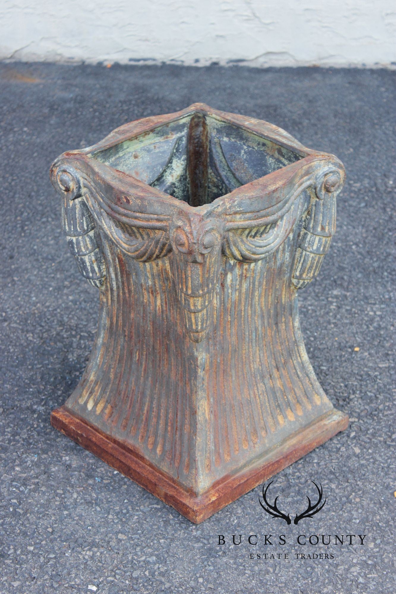 Neoclassical Style Pair Of Cast Iron Garden Planters Or Pedestal Bases