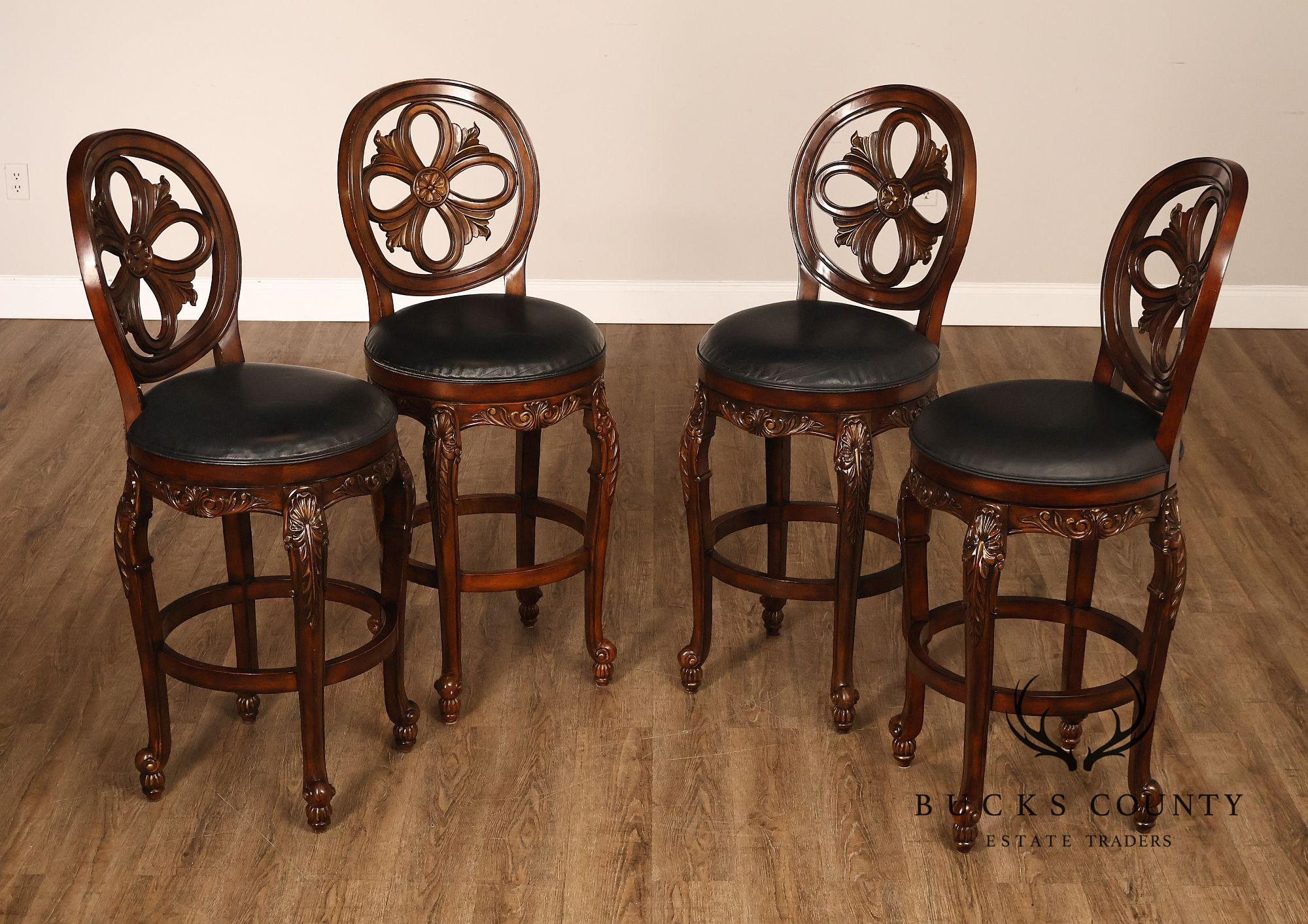 Rococo Style Set Of Four Carved Frame Swivel Barstools