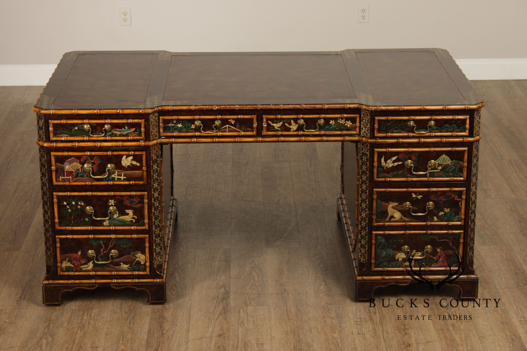 John Widdicomb Chinoiserie Leather Top Executive Partner's Desk