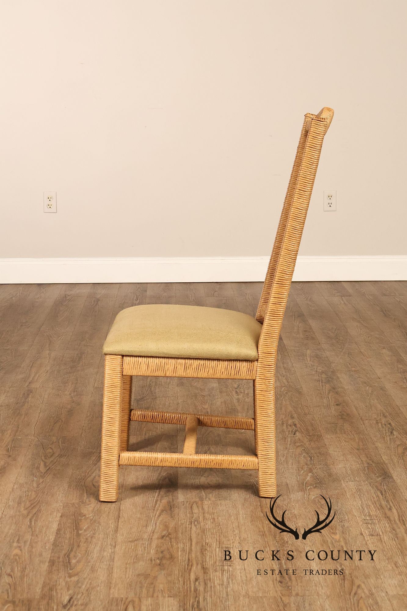 Vintage Wicker Set Of Six Dining Chairs With Upholstered Seats