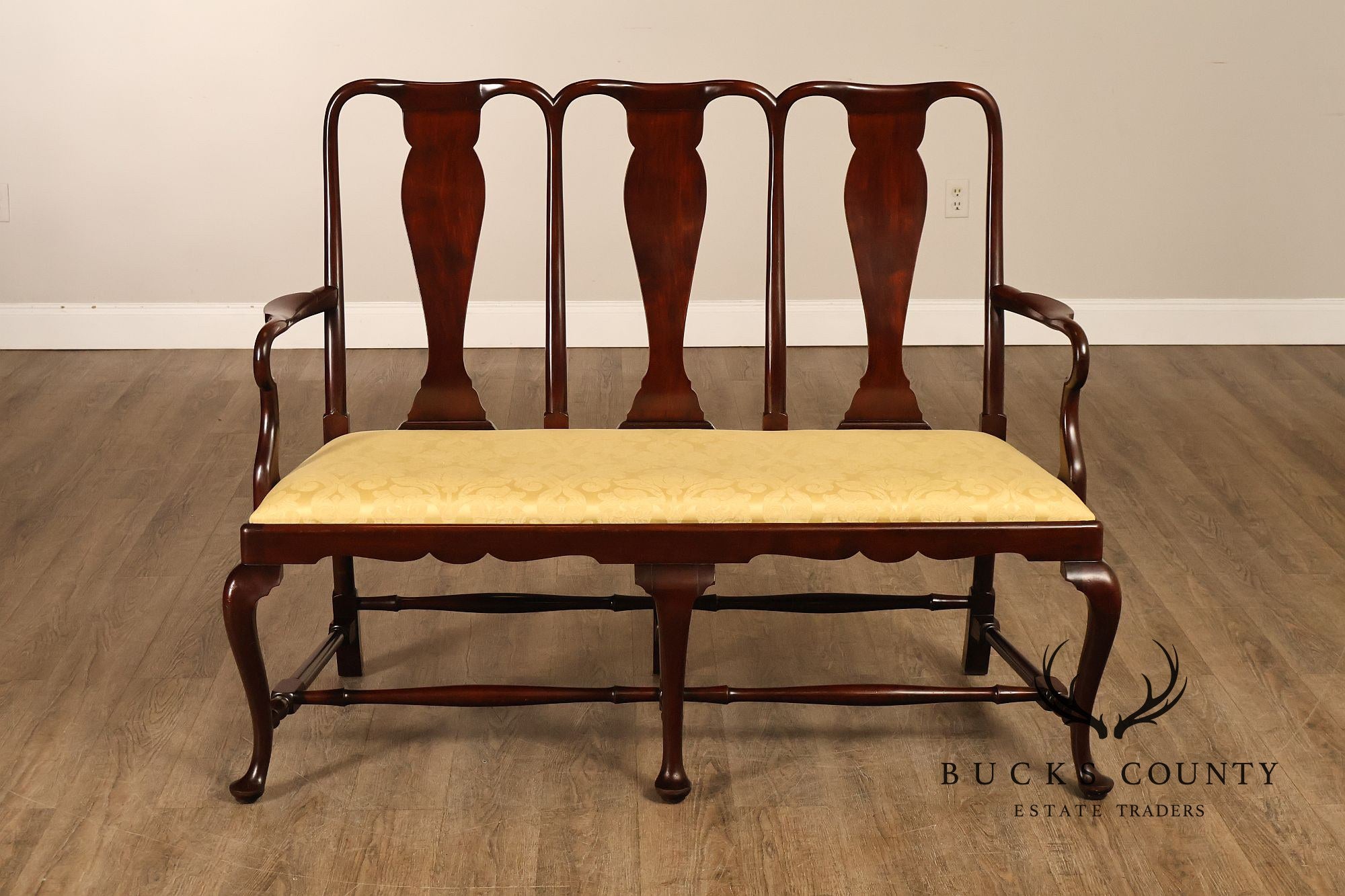 Queen Anne Style Custom Mahogany Triple Back Upholstered Settee