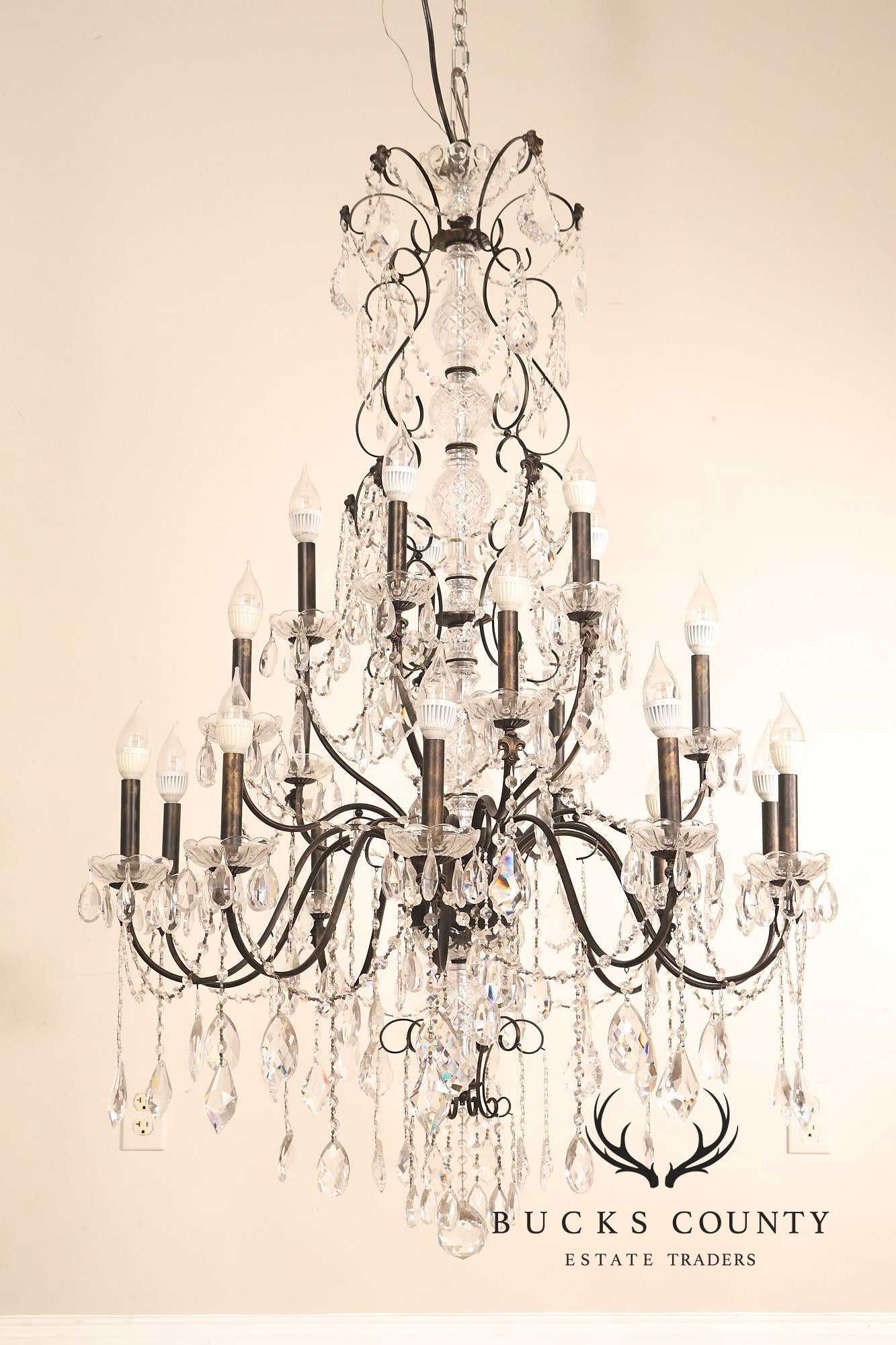 Large Twenty-Light Crystal And Wrought Iron 55" Chandelier