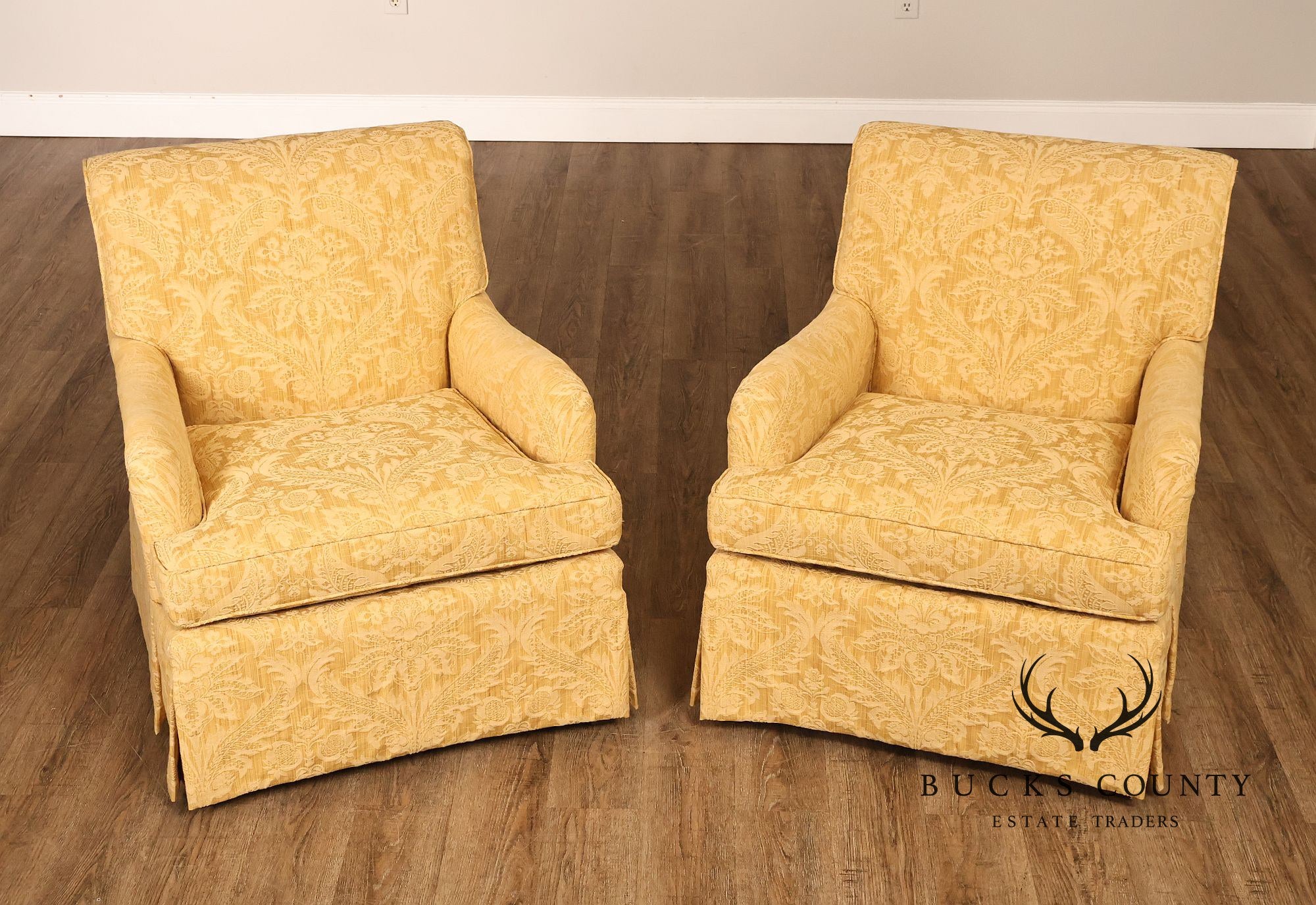Custom Pair Of Skirted Damask Upholstered Lounge Chairs