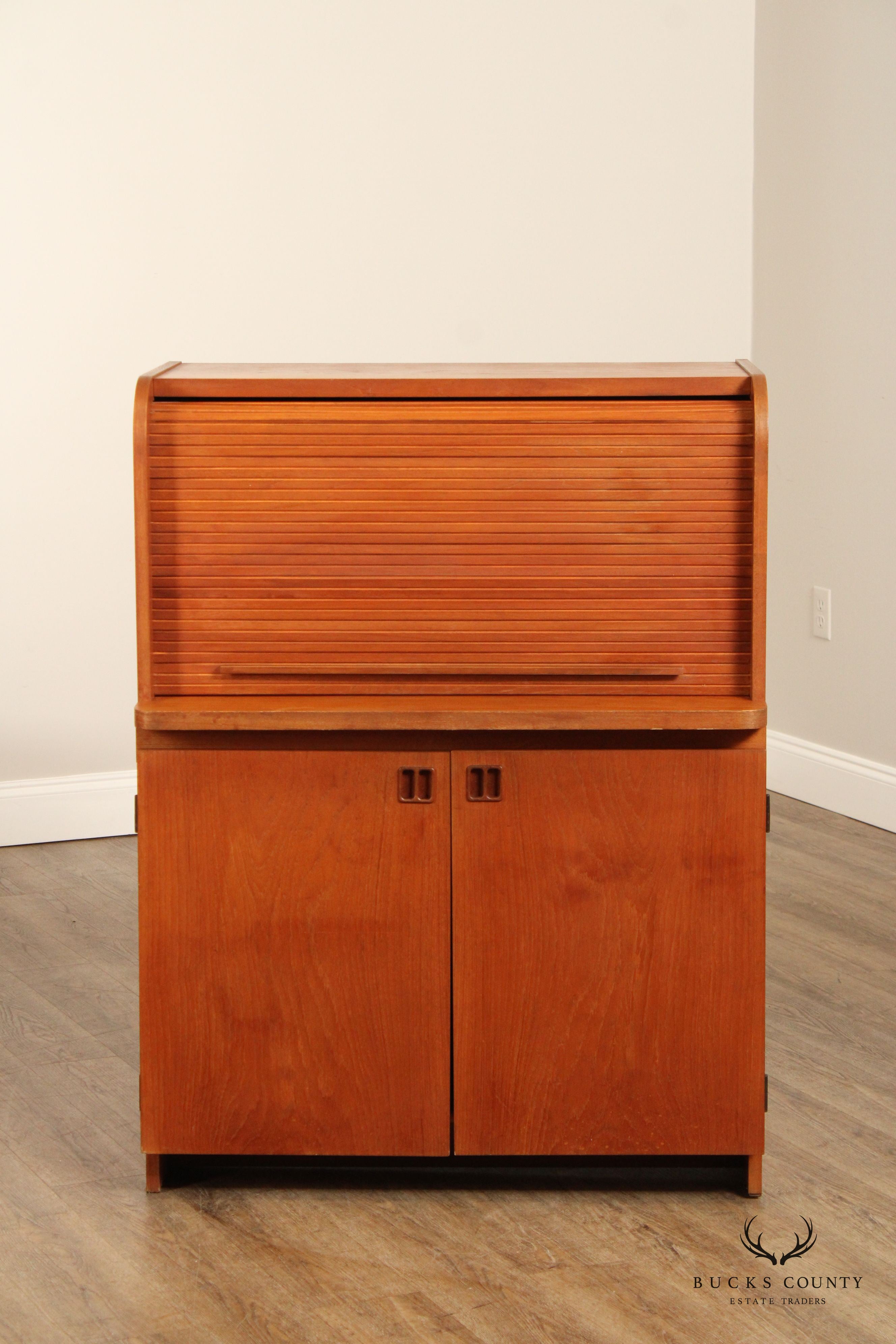 Danish Modern Vintage Teak Roll Top Bar Cabinet or Secretary Desk