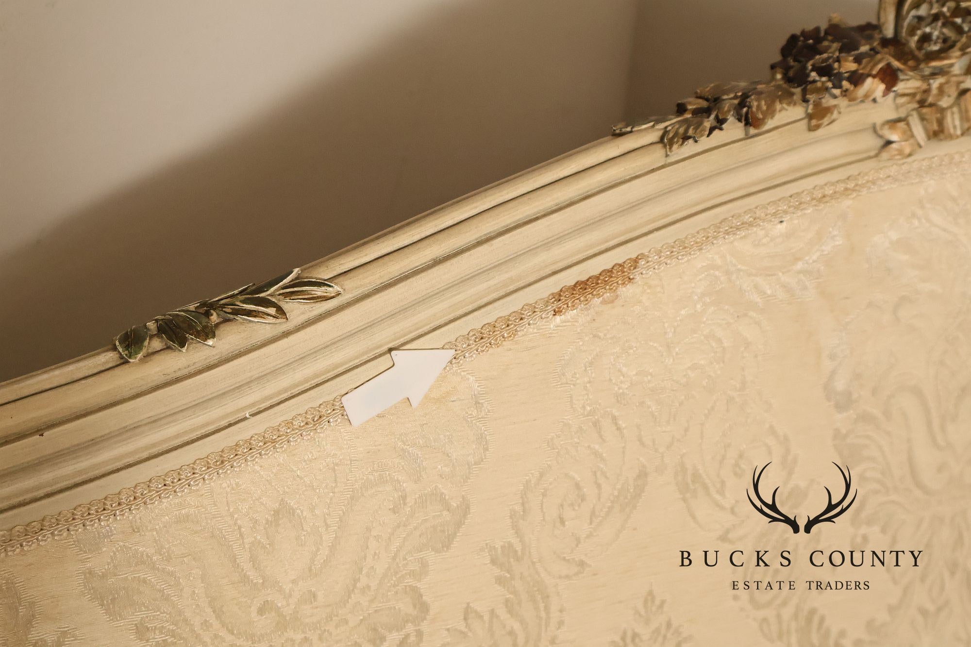 Antique French Louis XVI Style Painted & Upholstered Full Size Bed Frame
