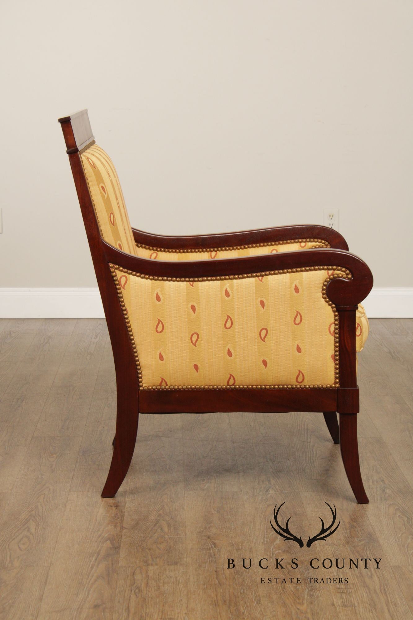 Kravet Furniture French Empire Style Pair of Mahogany Armchairs