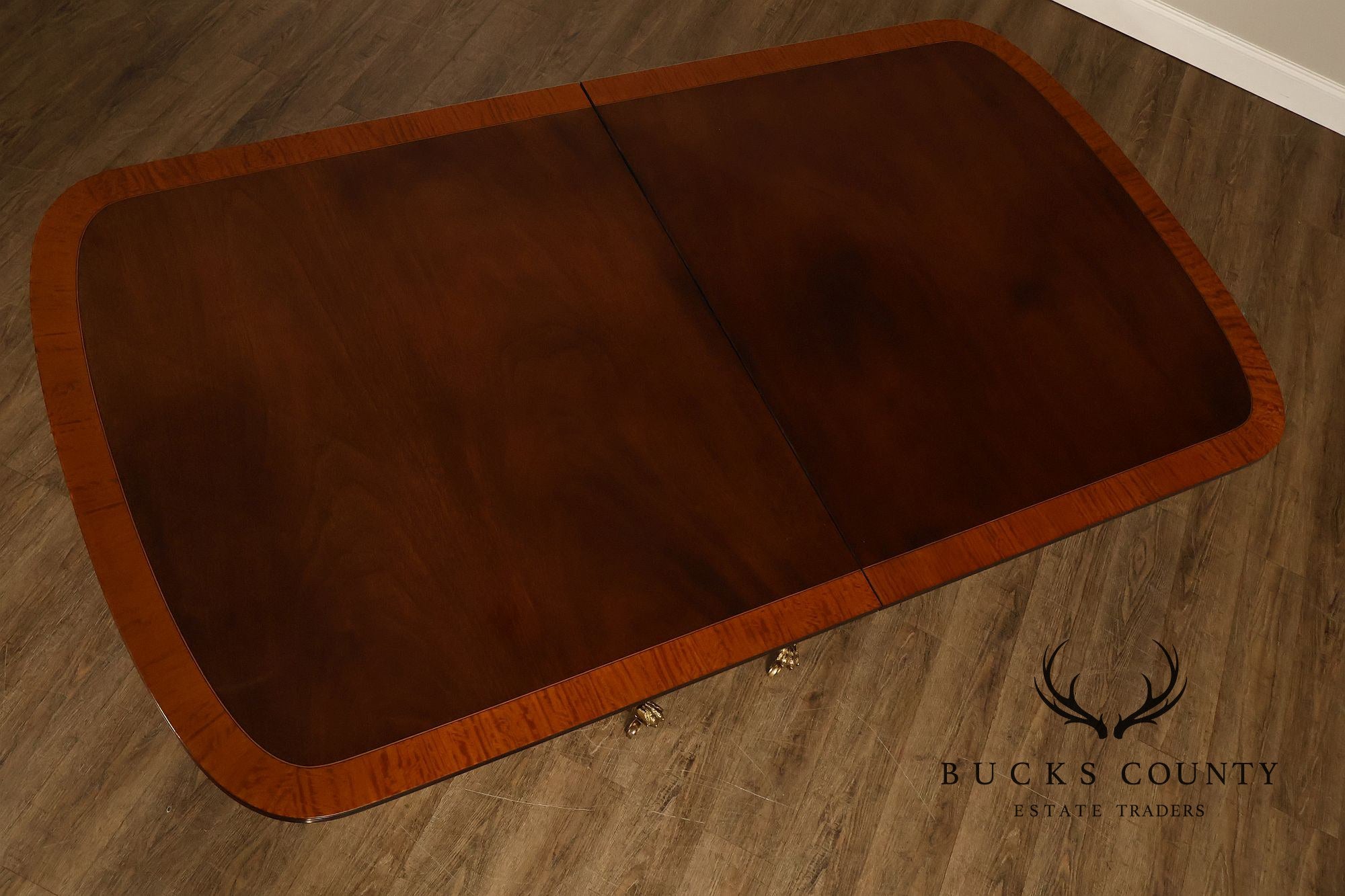 Federal Style Vintage Banded Mahogany Double Pedestal Dining Table