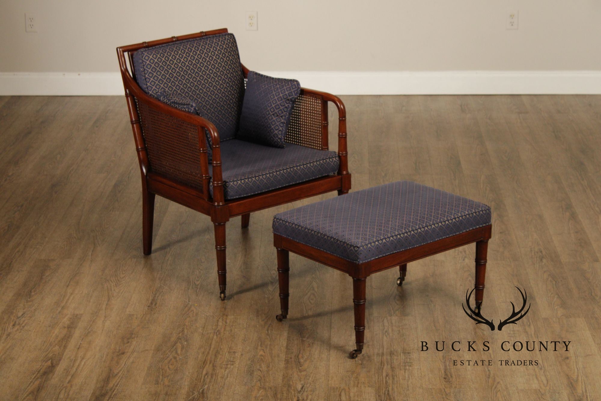 Hickory Chair Faux Bamboo and Caned Armchair and Ottoman