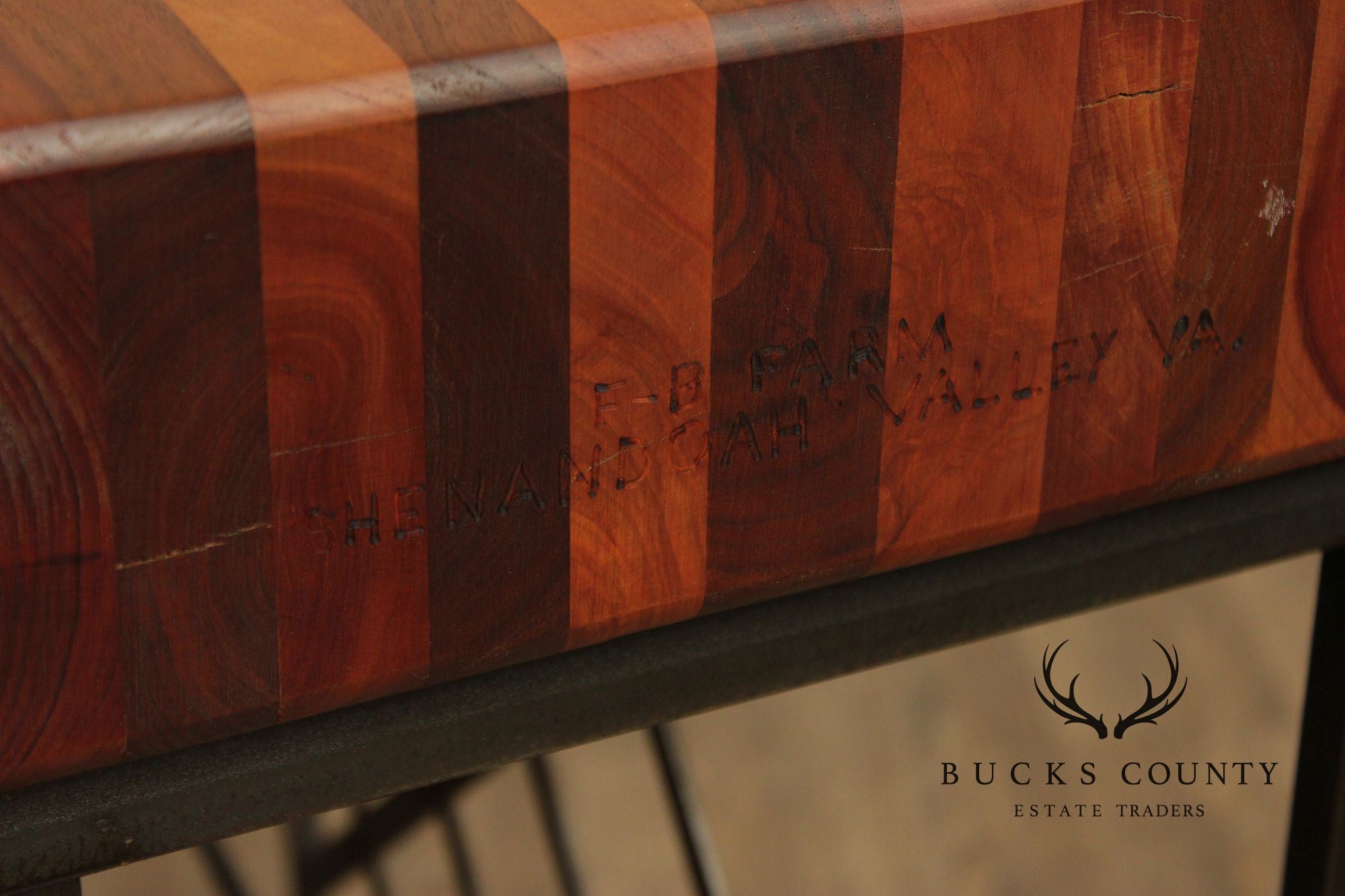 F.B. Farm Shenandoah Valley Butcher Block Iron Base Console Table & Wine Rack