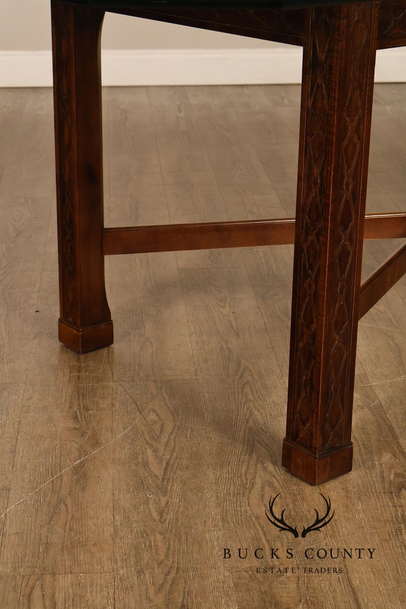 Chinese Chippendale Style Glass Top Mahogany Dining Table