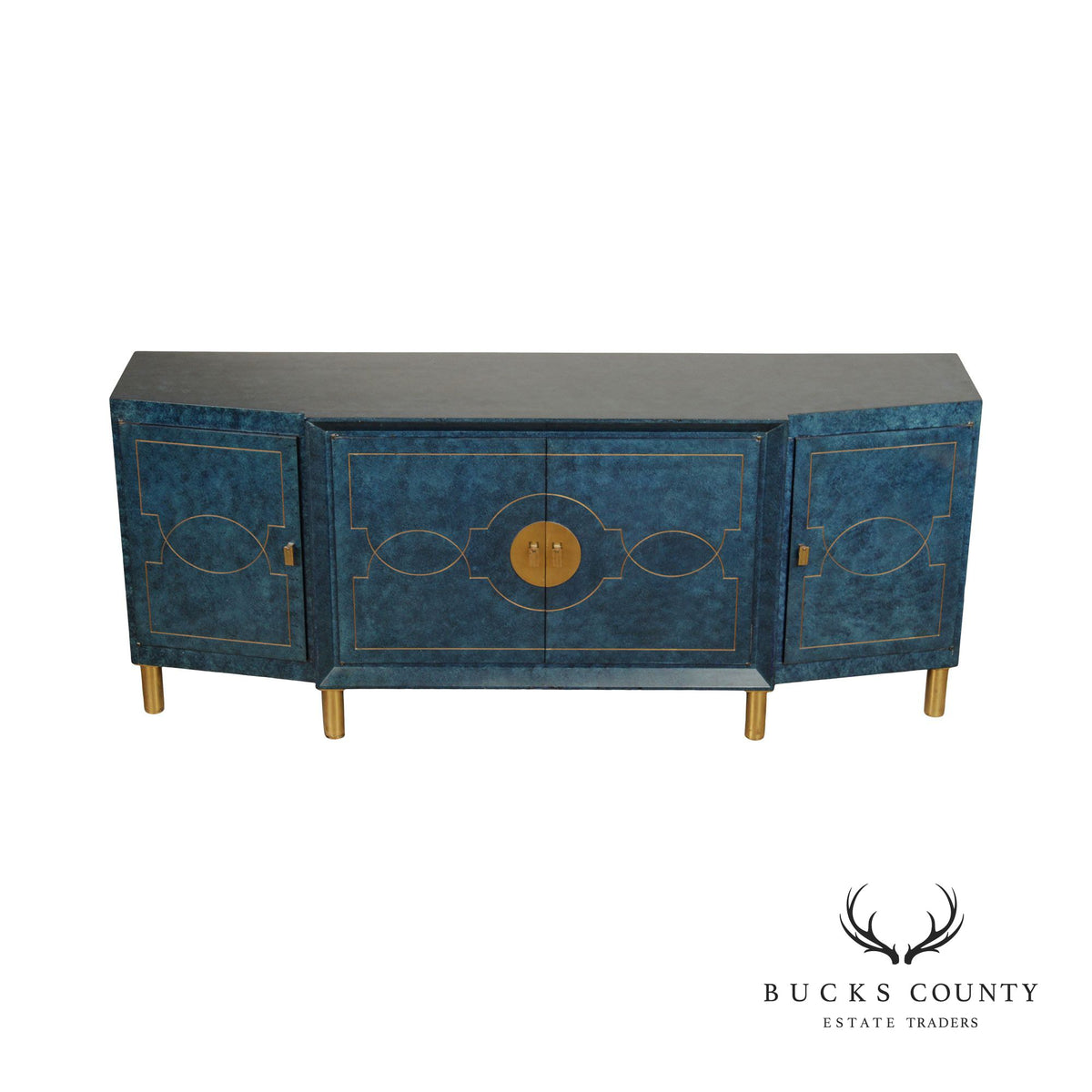Hollywood Regency Blue Lacquered and Brass Sideboard