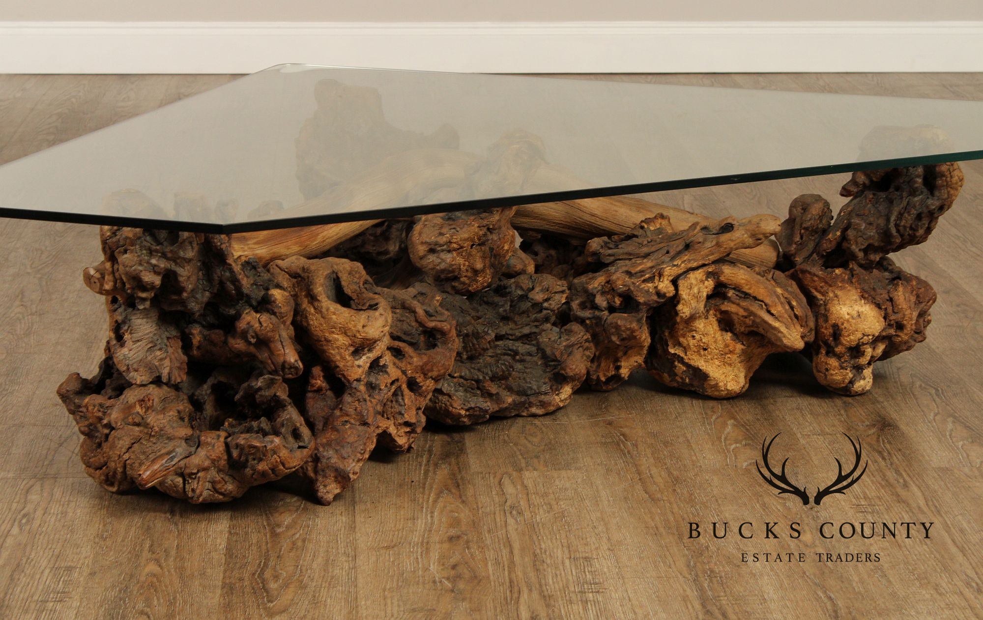 Mid Century Modern Root Burlwood and Glass Top Coffee Table