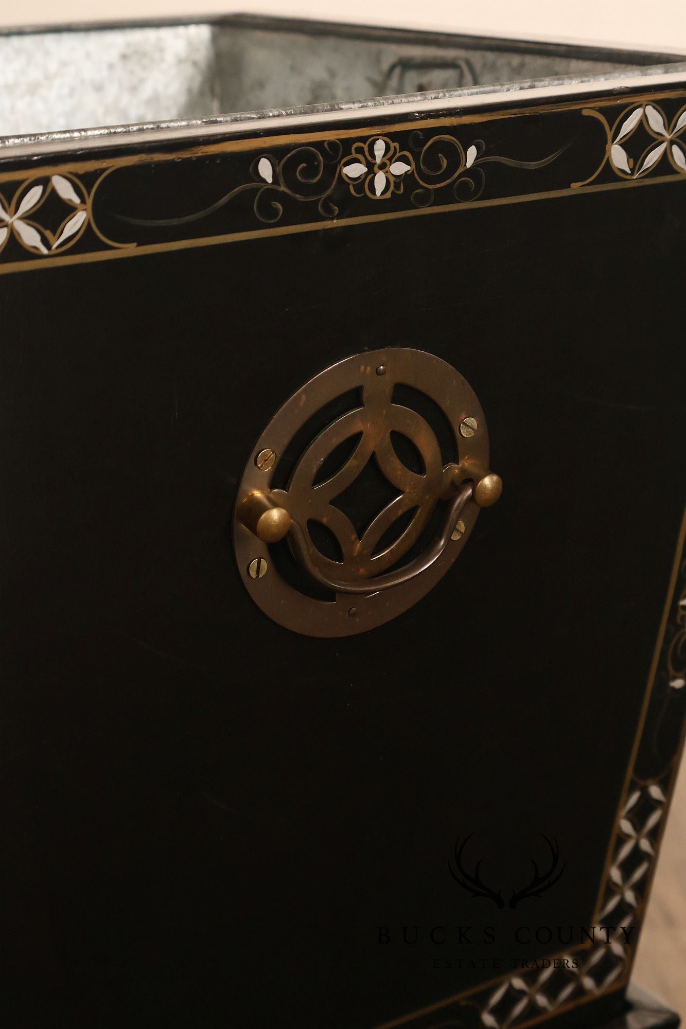 Chinese Black Lacquer Mother Of Pearl Inlaid Figural Planter On Matching Stand