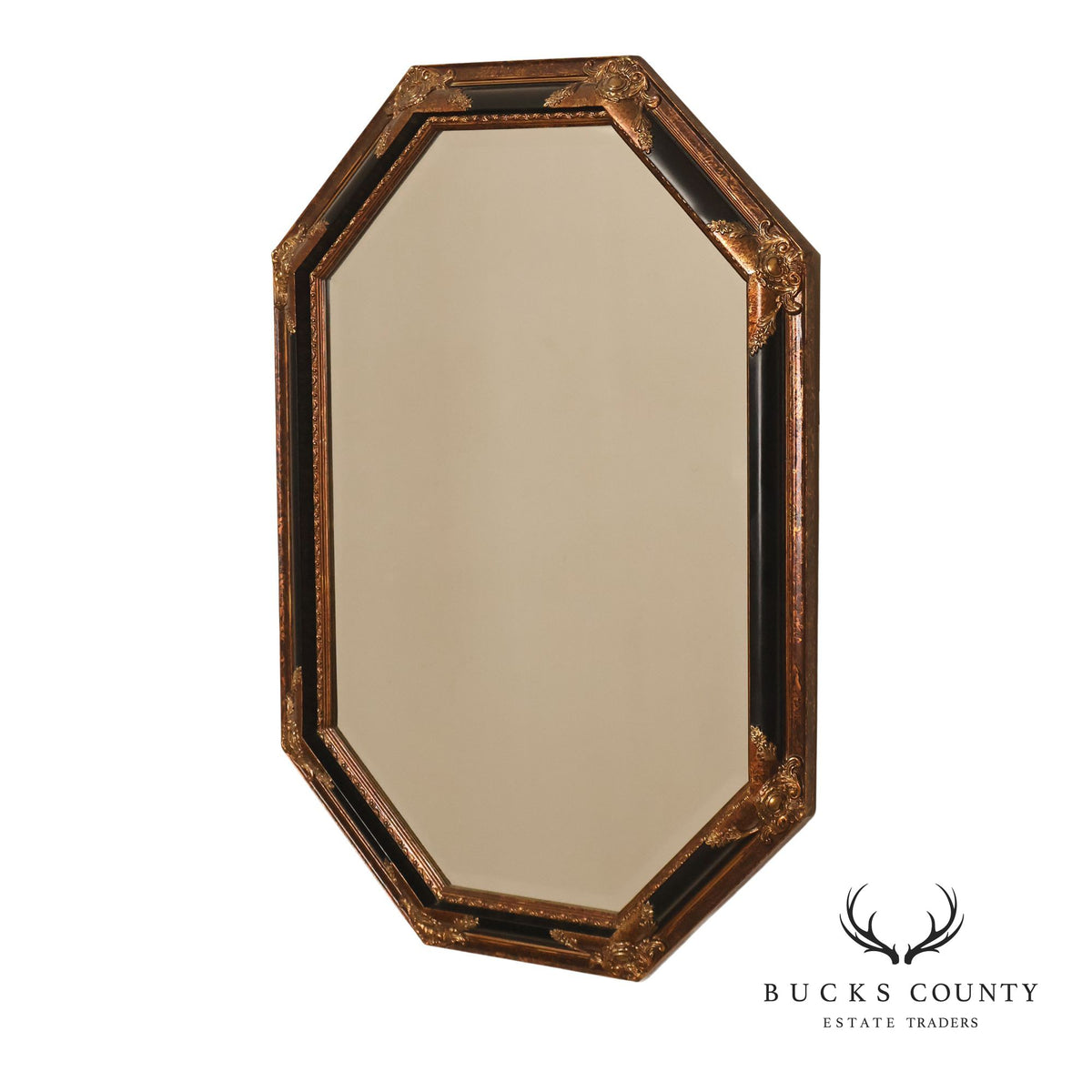 Traditional Octagonal Black And Gilt Beveled Wall Mirror