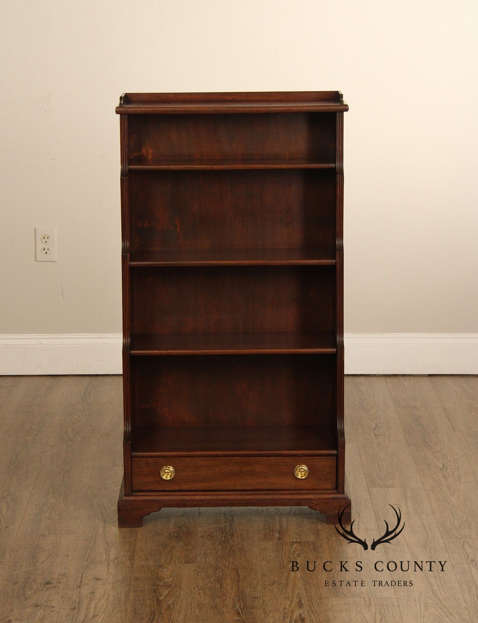 Vintage Georgian Style Narrow Mahogany Waterfall Open Bookcase With Drawer