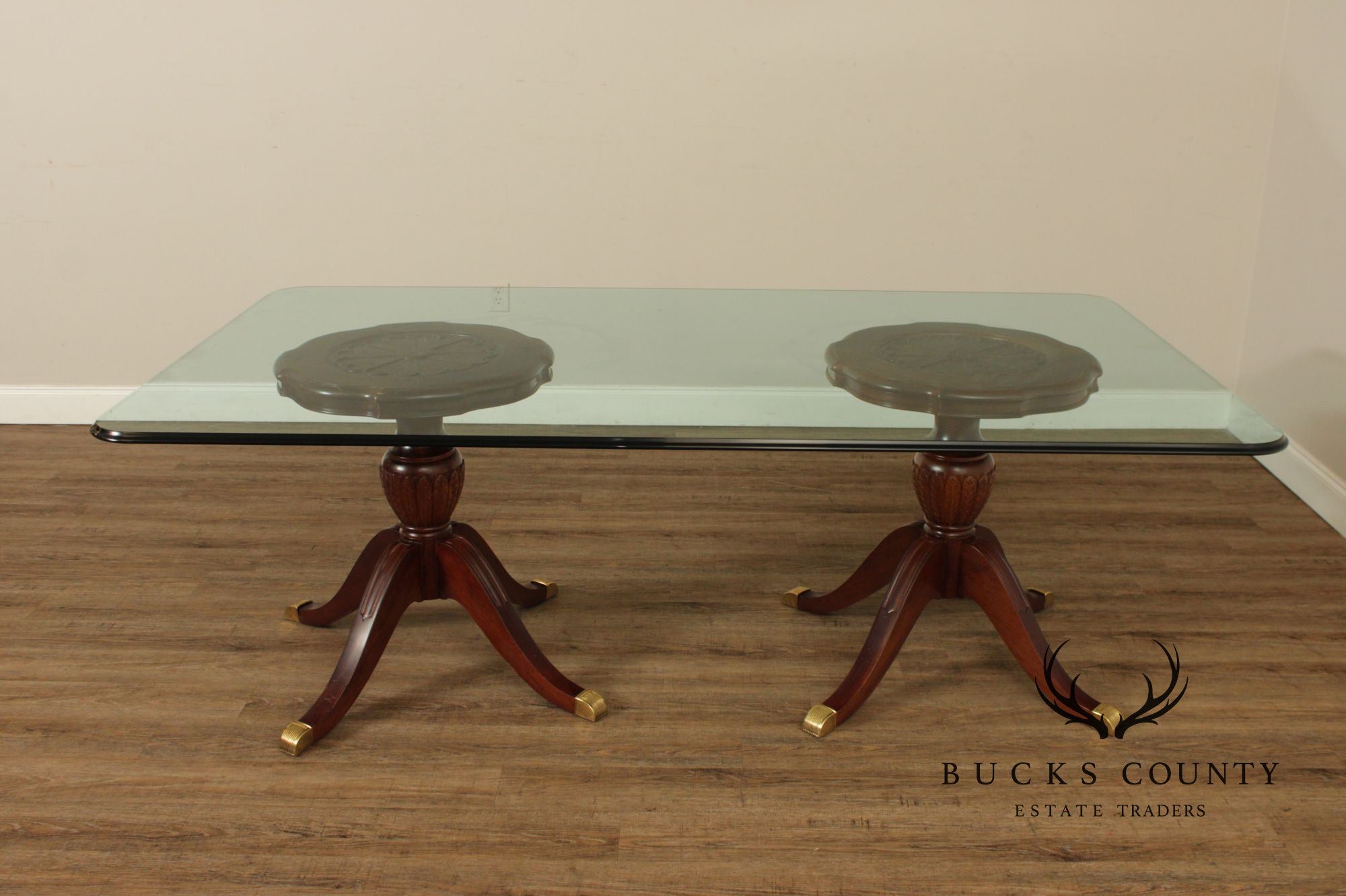 Georgian Style Mahogany Double Pedestal Glass Top Dining Table
